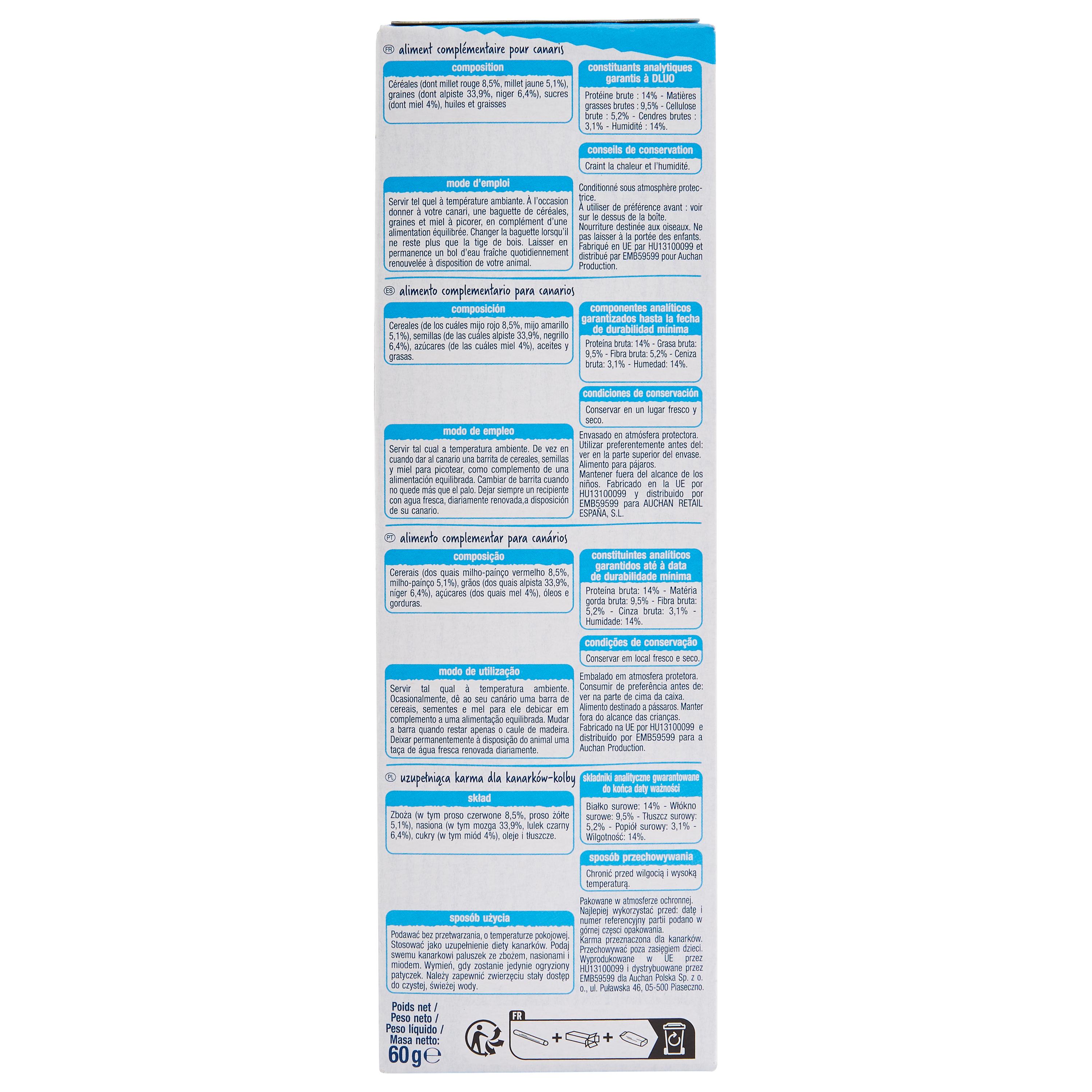 Voir la diapositive 4 : AUCHAN Baguettes au miel pour canaris 2 pièces 60g