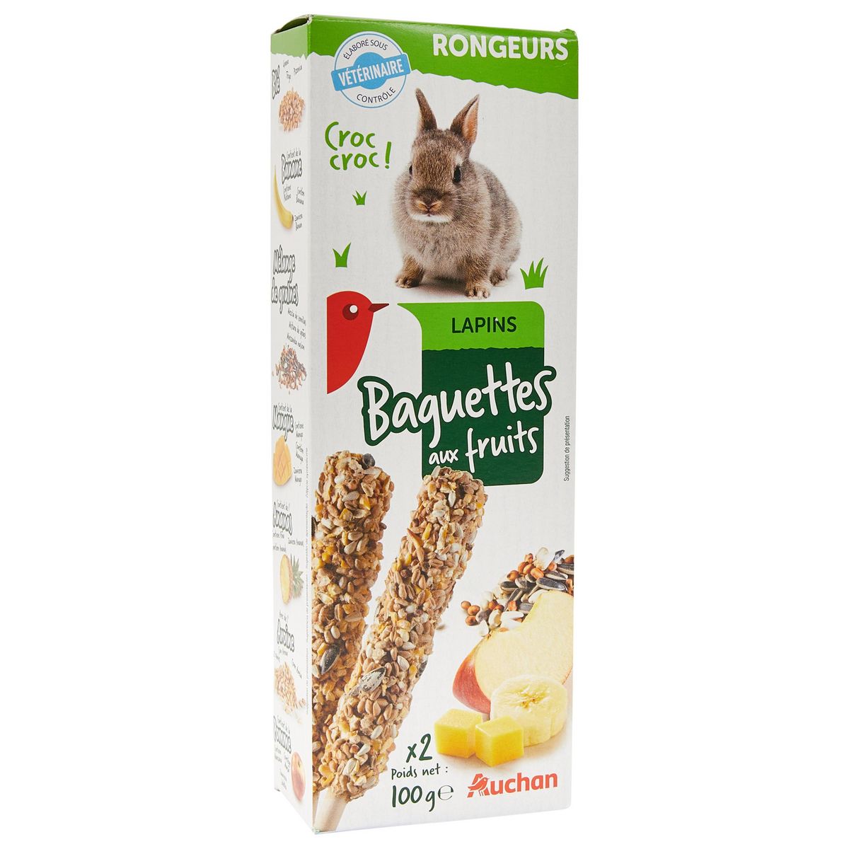 AUCHAN Baguettes aux fruits pour lapins nains 2x100g