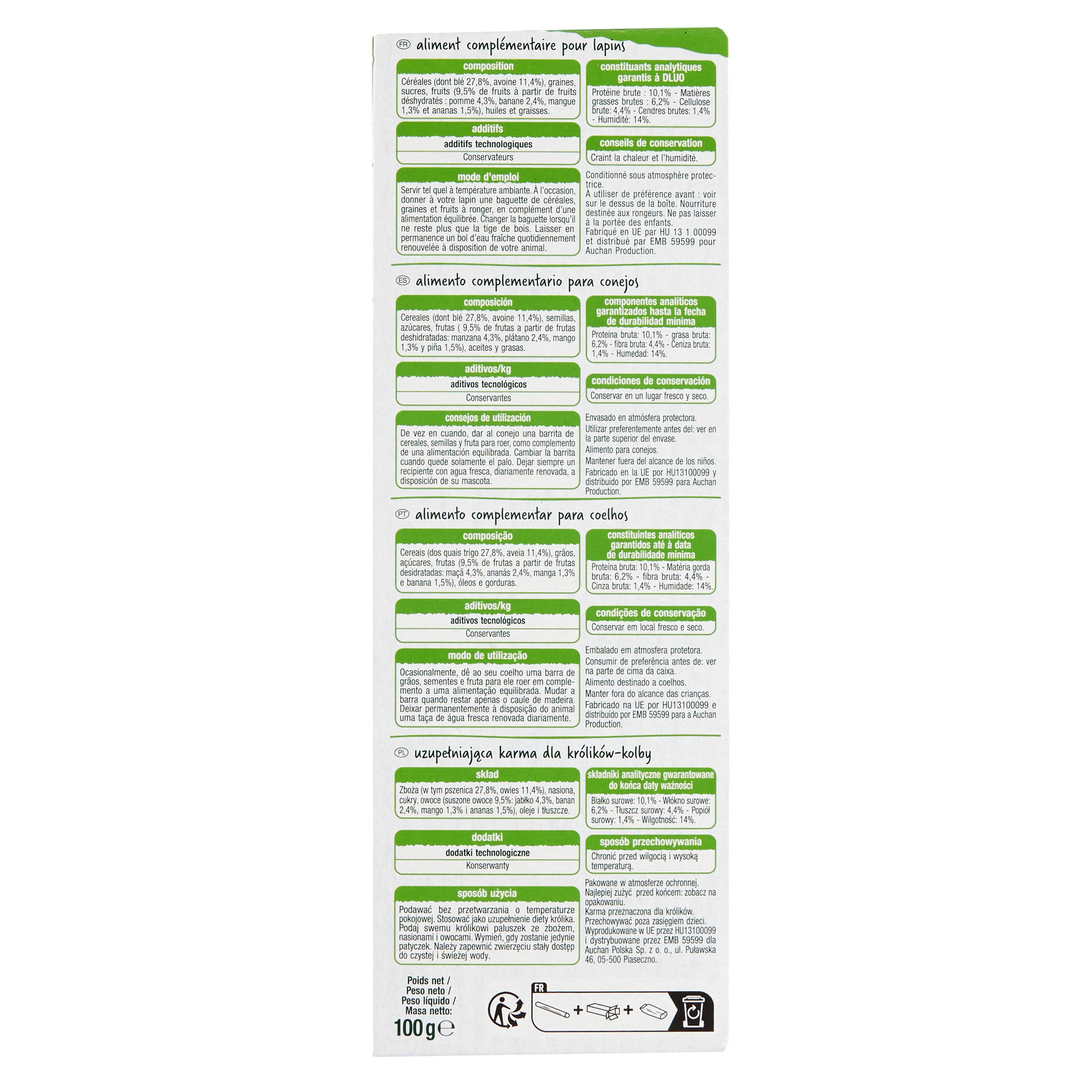 Voir la diapositive 4 : AUCHAN Baguettes aux fruits pour lapins nains 2x100g
