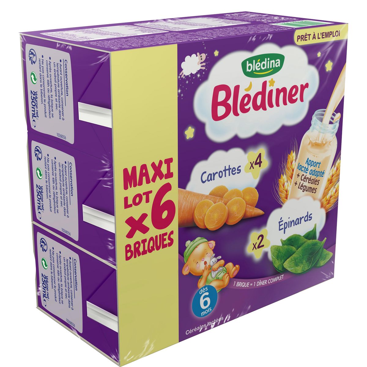BLEDINA Bledîner lait liquide aux légumes carottes épinards dès 6 mois 6x250ml