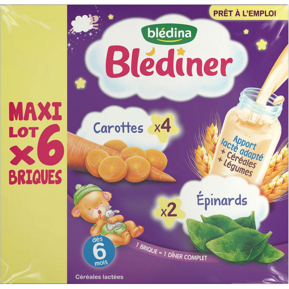 BLEDINA Bledîner lait liquide aux légumes carottes épinards dès 6 mois 6x250ml