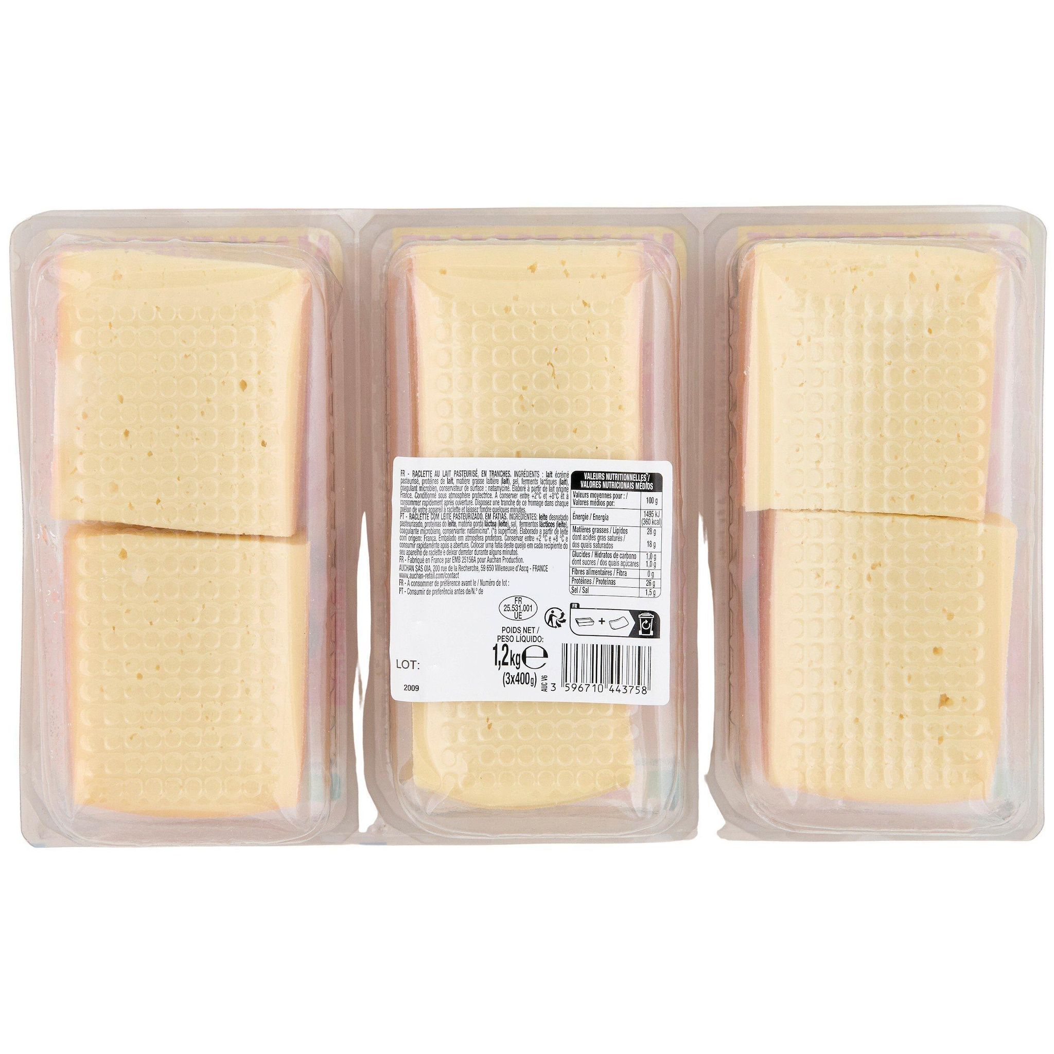 Voir la diapositive 3 : AUCHAN Fromage à raclette nature 6/9 parts 1.2kg