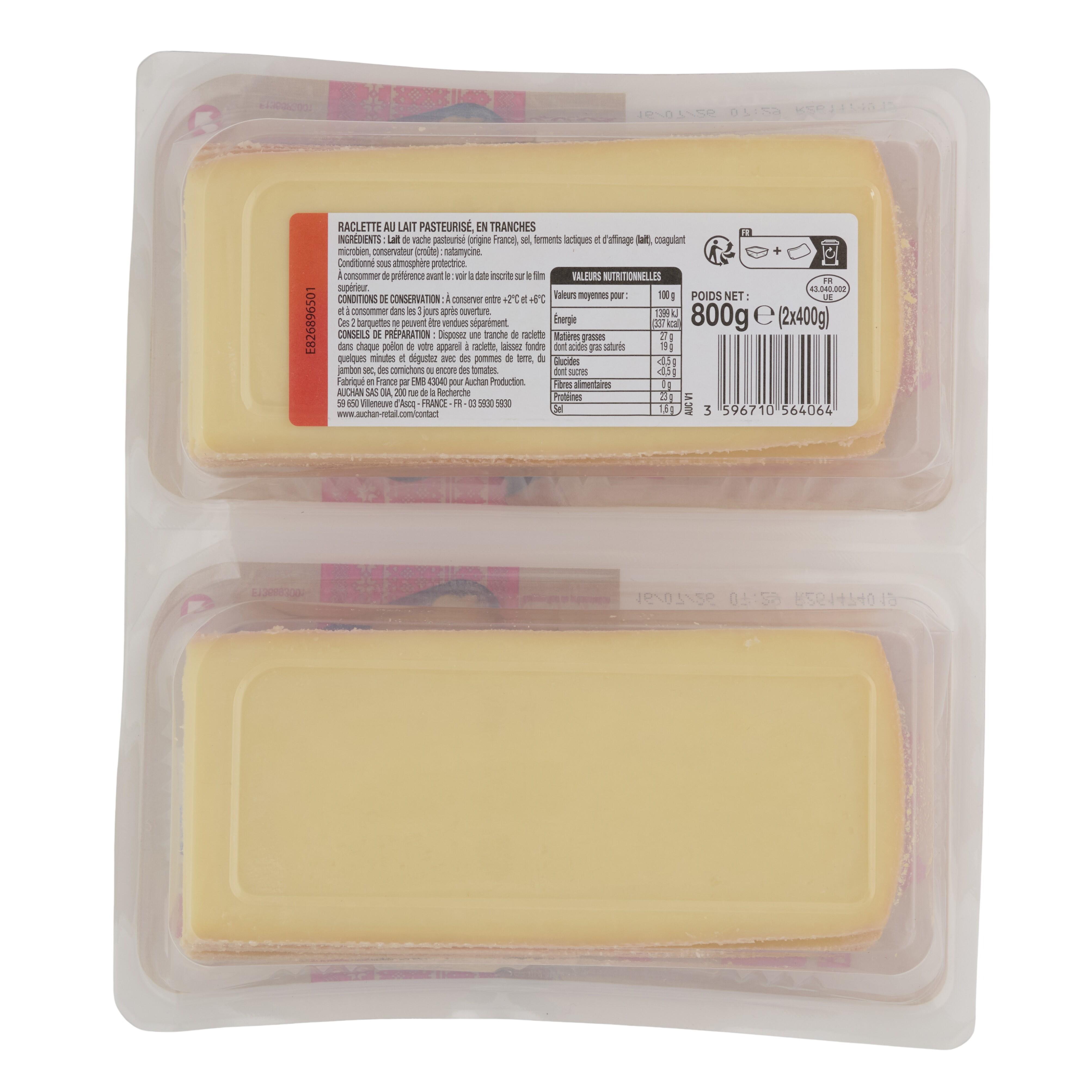 Voir la diapositive 2 : AUCHAN Fromage à raclette nature 4/6 parts 2x400g