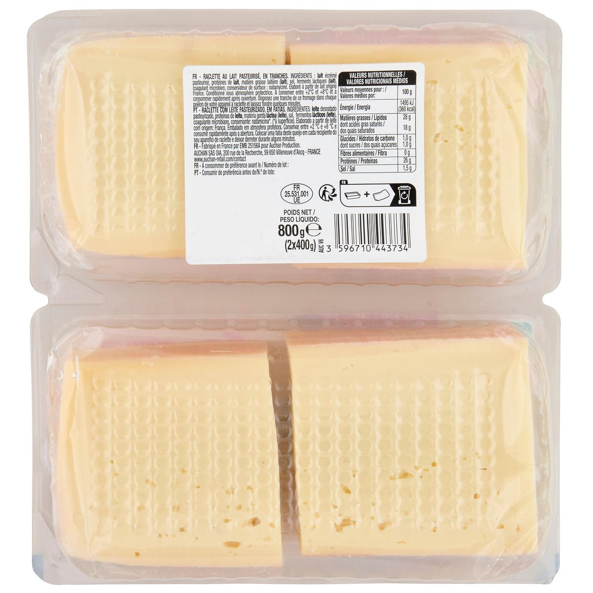 AUCHAN Fromage à raclette nature 4/6 parts 2x400g