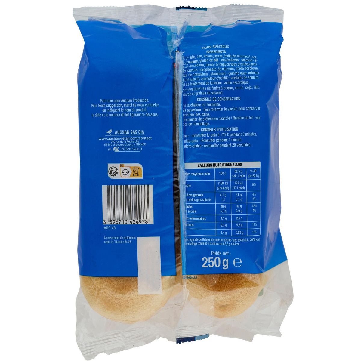 AUCHAN Pains hot dogs 4 pièces 250g