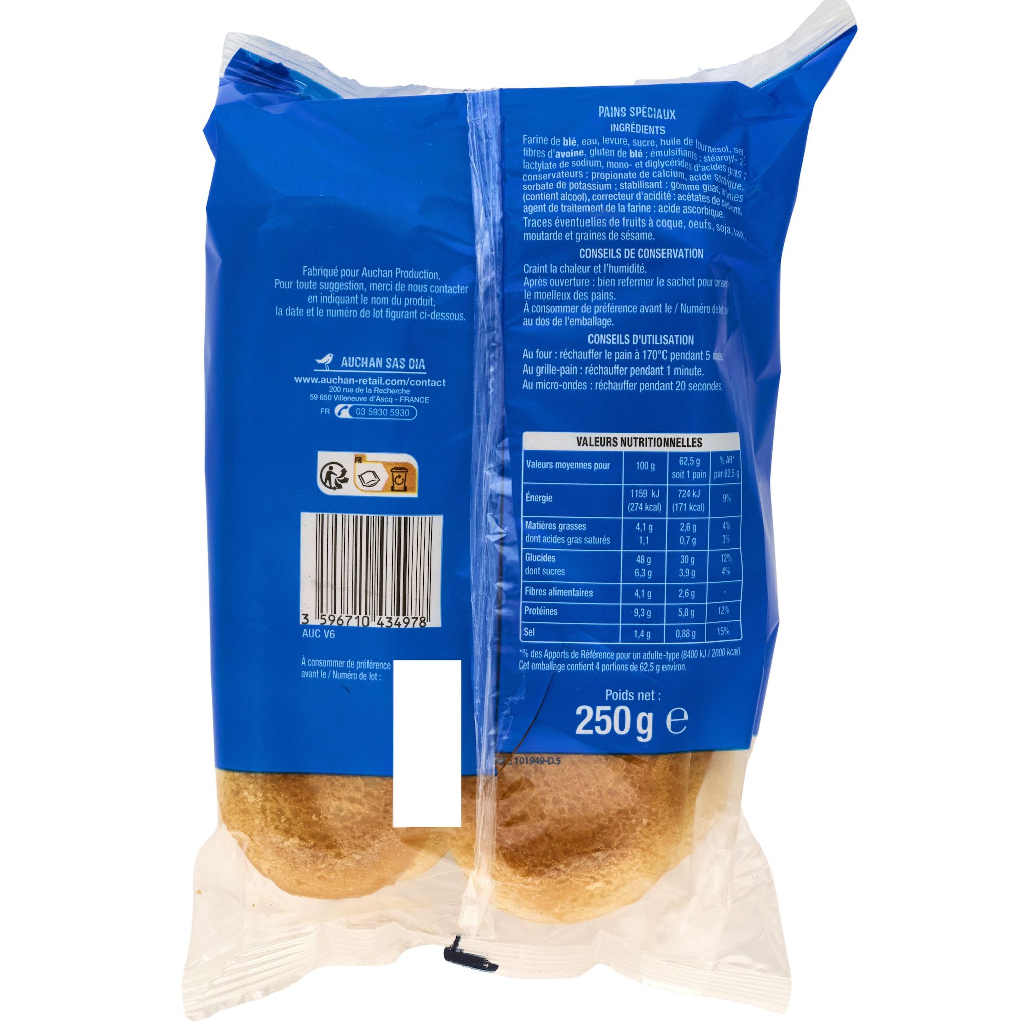 Voir la diapositive 2 : AUCHAN Pains hot dogs 4 pièces 250g