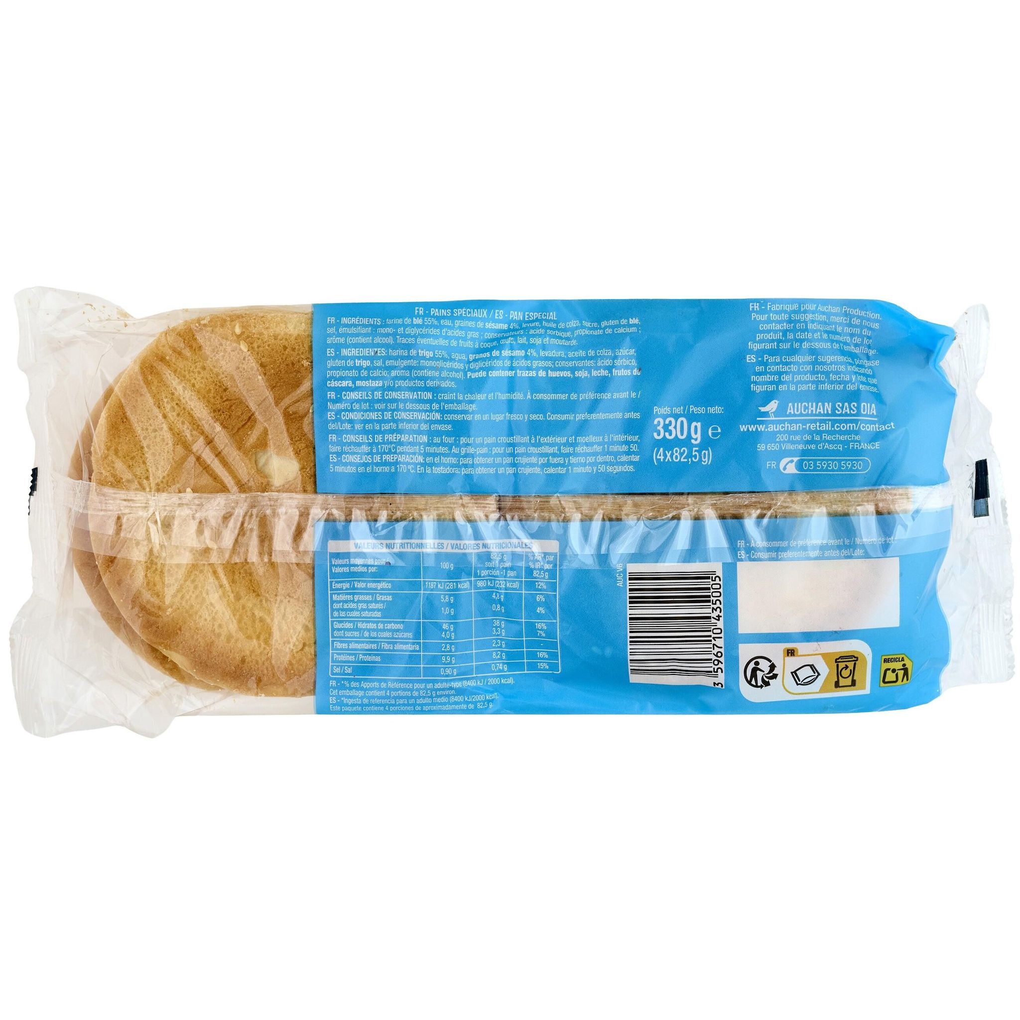 Voir la diapositive 2 : AUCHAN Pain burger maxi classique 4 pièces 330g