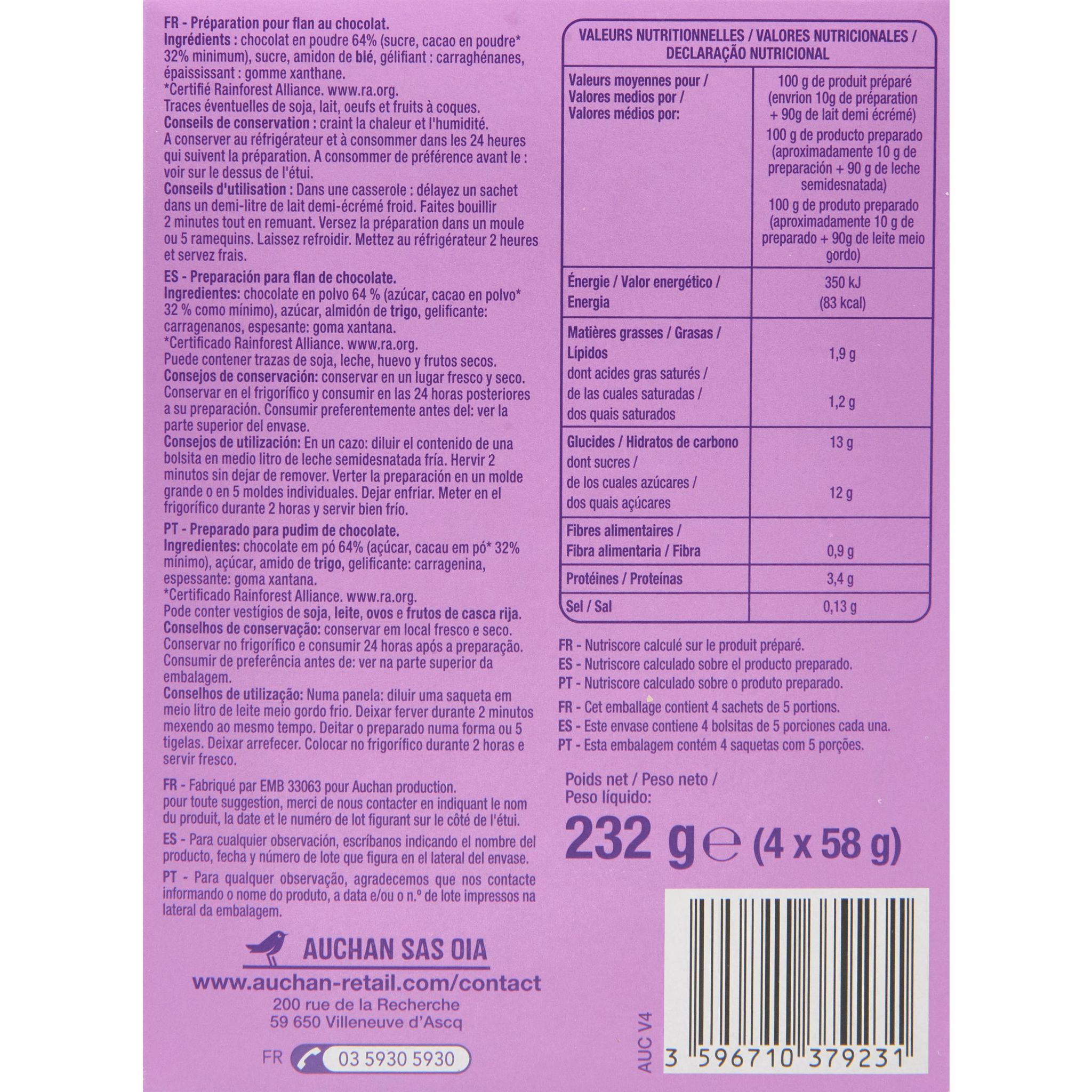 Voir la diapositive 3 : AUCHAN Préparation pour flan au chocolat 4 sachets 232g