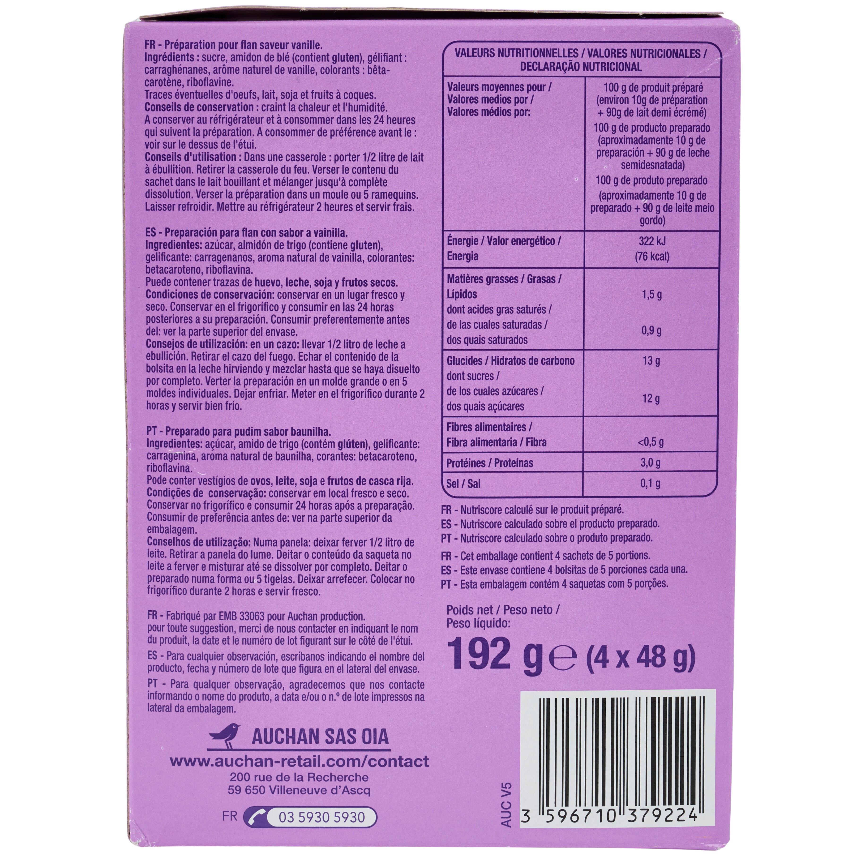 Voir la diapositive 2 : AUCHAN Préparation pour flan vanille 4 sachets 192g