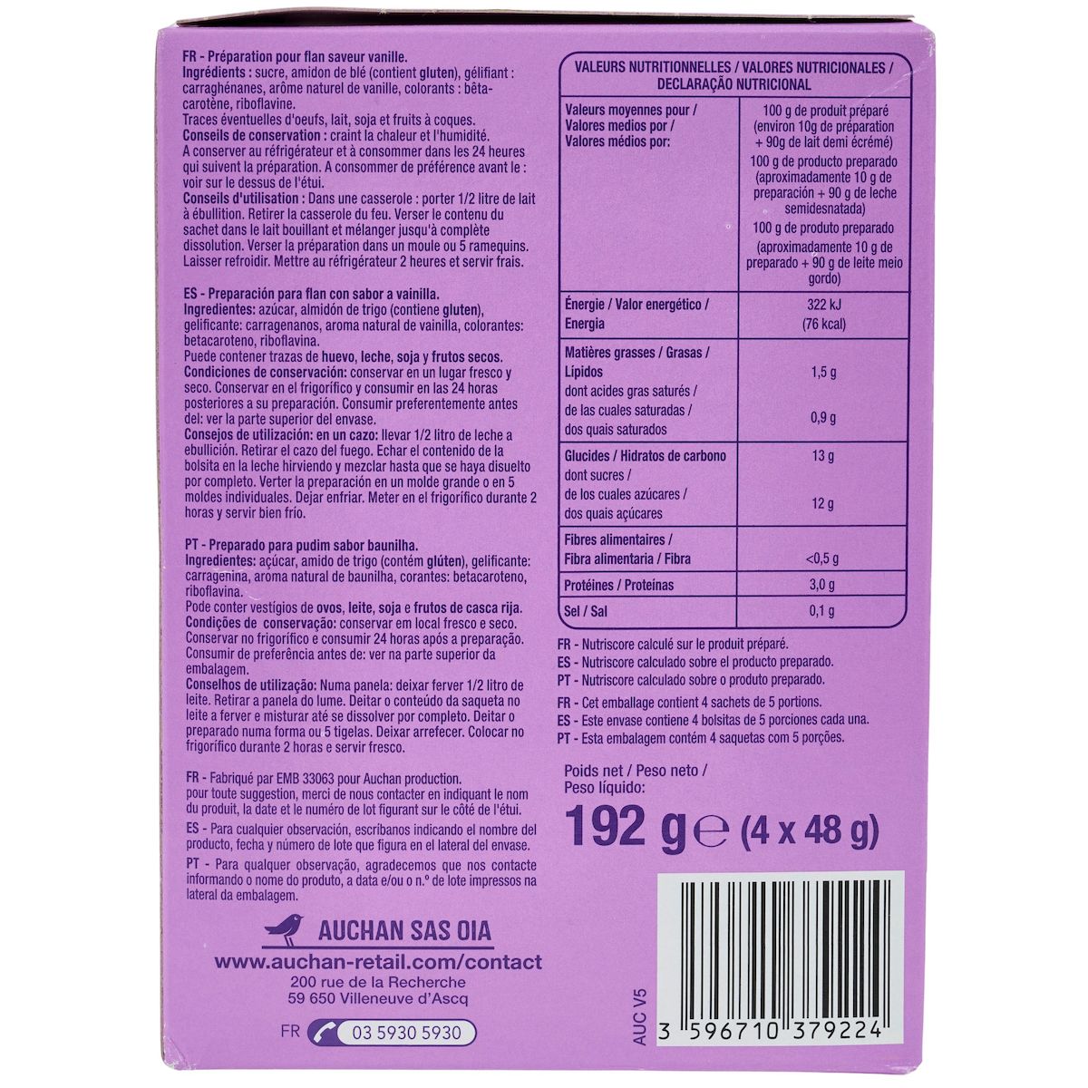 AUCHAN Préparation pour flan vanille 4 sachets 192g