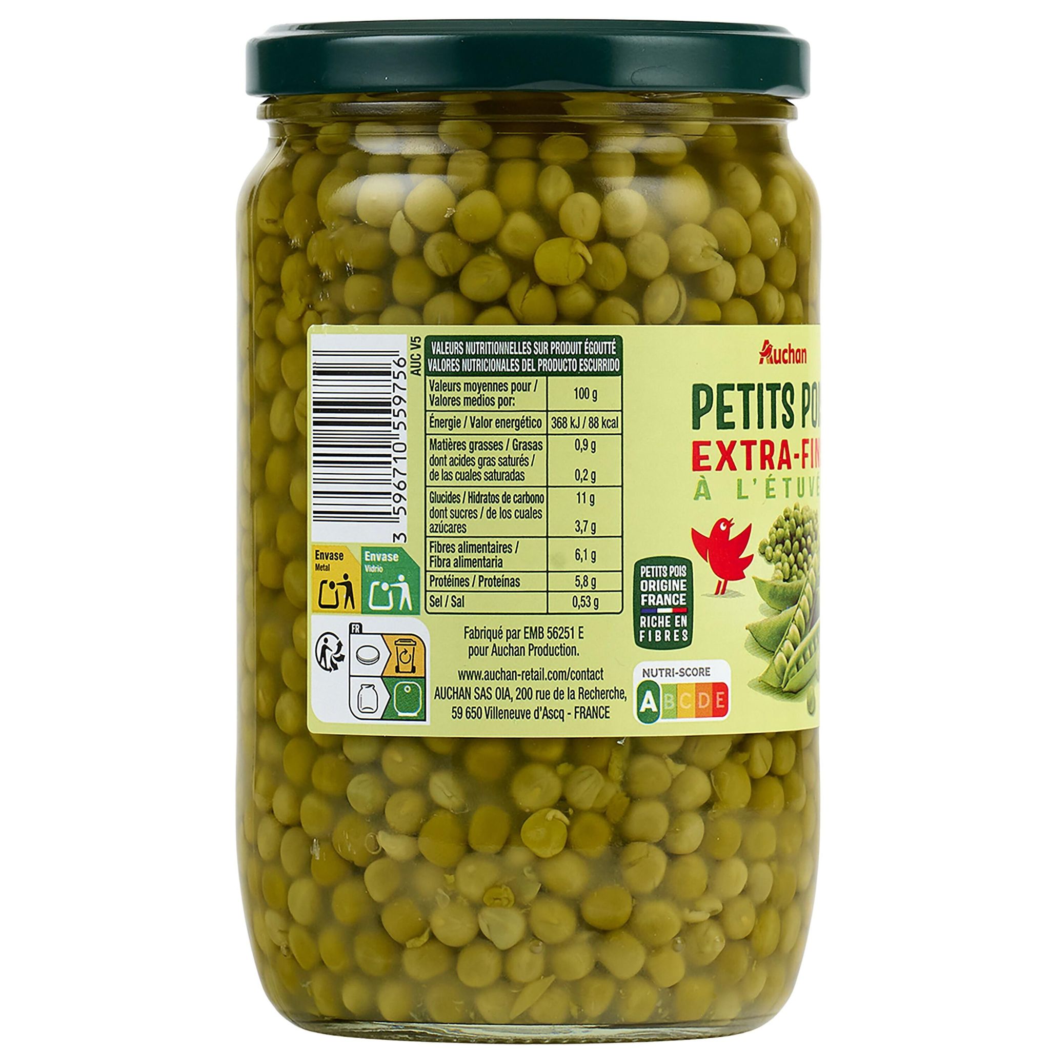 Voir la diapositive 2 : AUCHAN Petits pois extra fins à l'étuvée, en bocal 420g