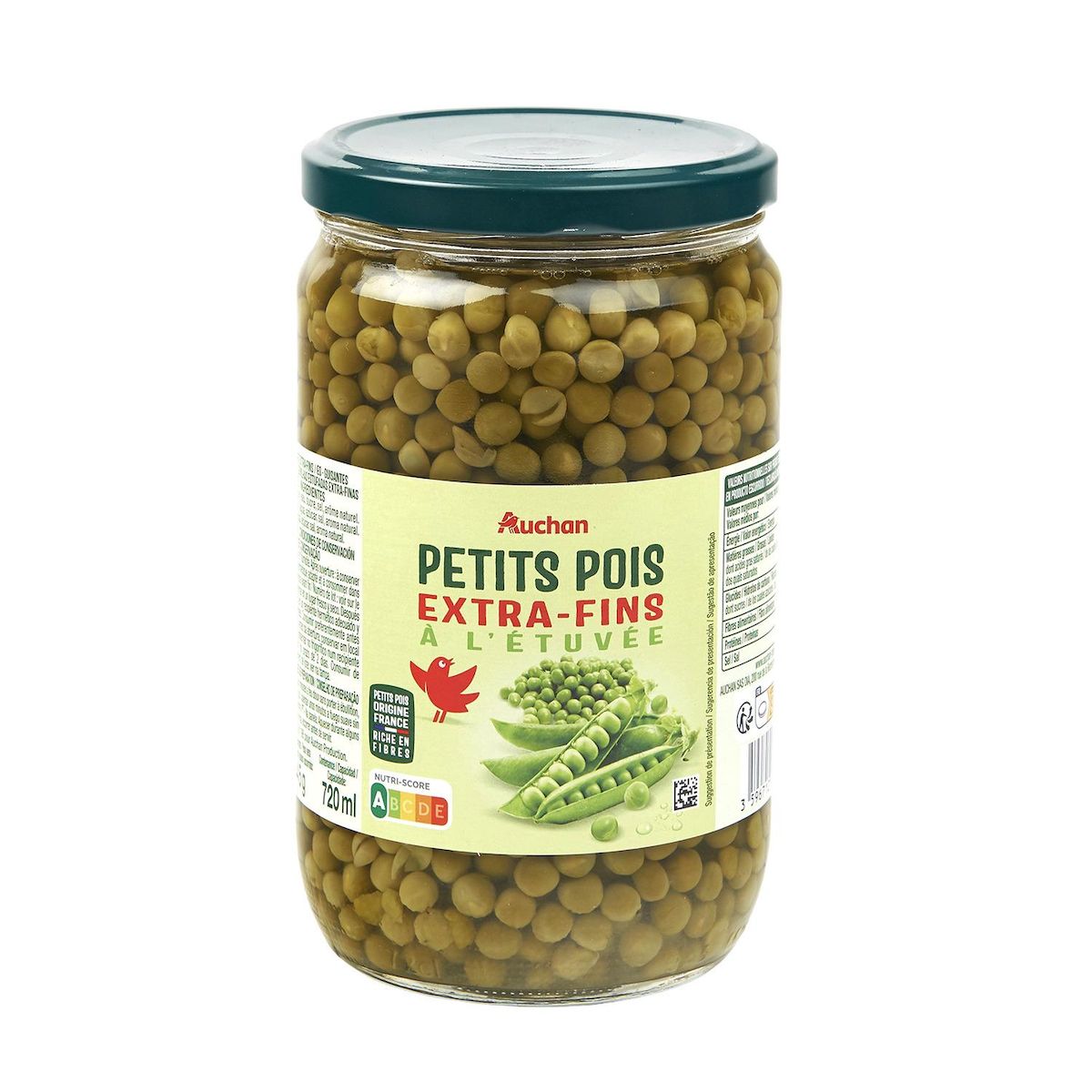 AUCHAN Petits pois extra fins à l'étuvée, en bocal 420g