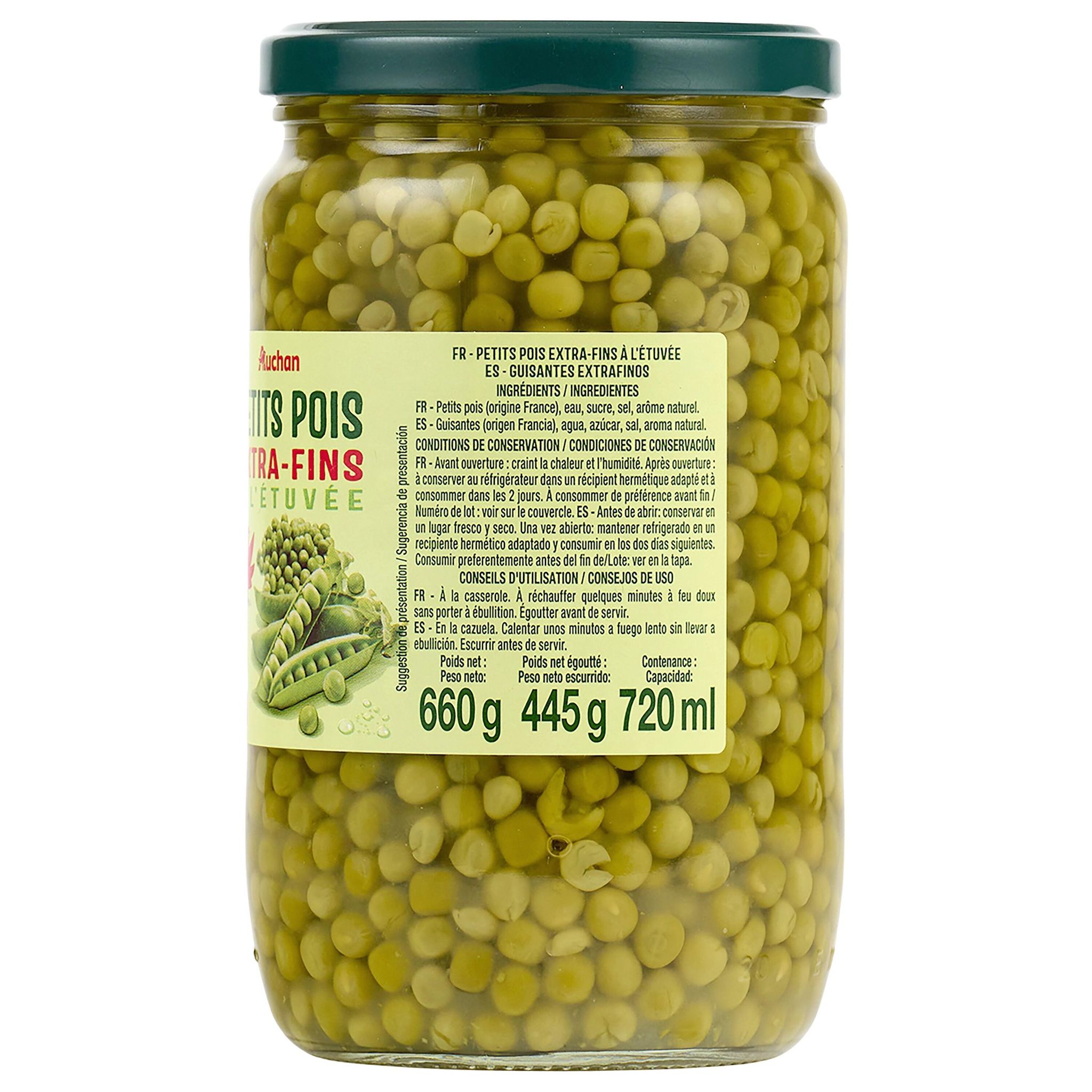 Voir la diapositive 3 : AUCHAN Petits pois extra fins à l'étuvée, en bocal 420g