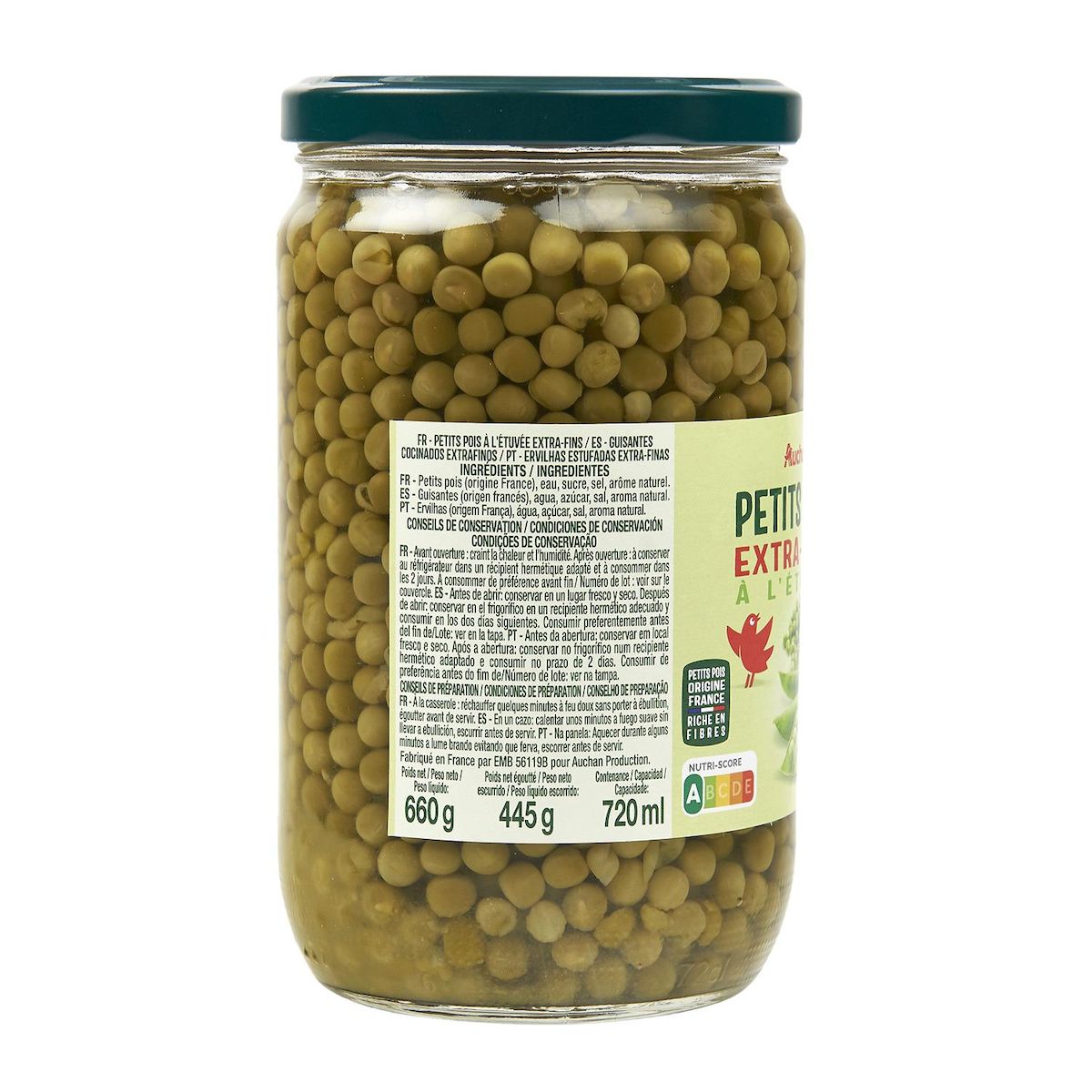 AUCHAN Petits pois extra fins à l'étuvée, en bocal 420g