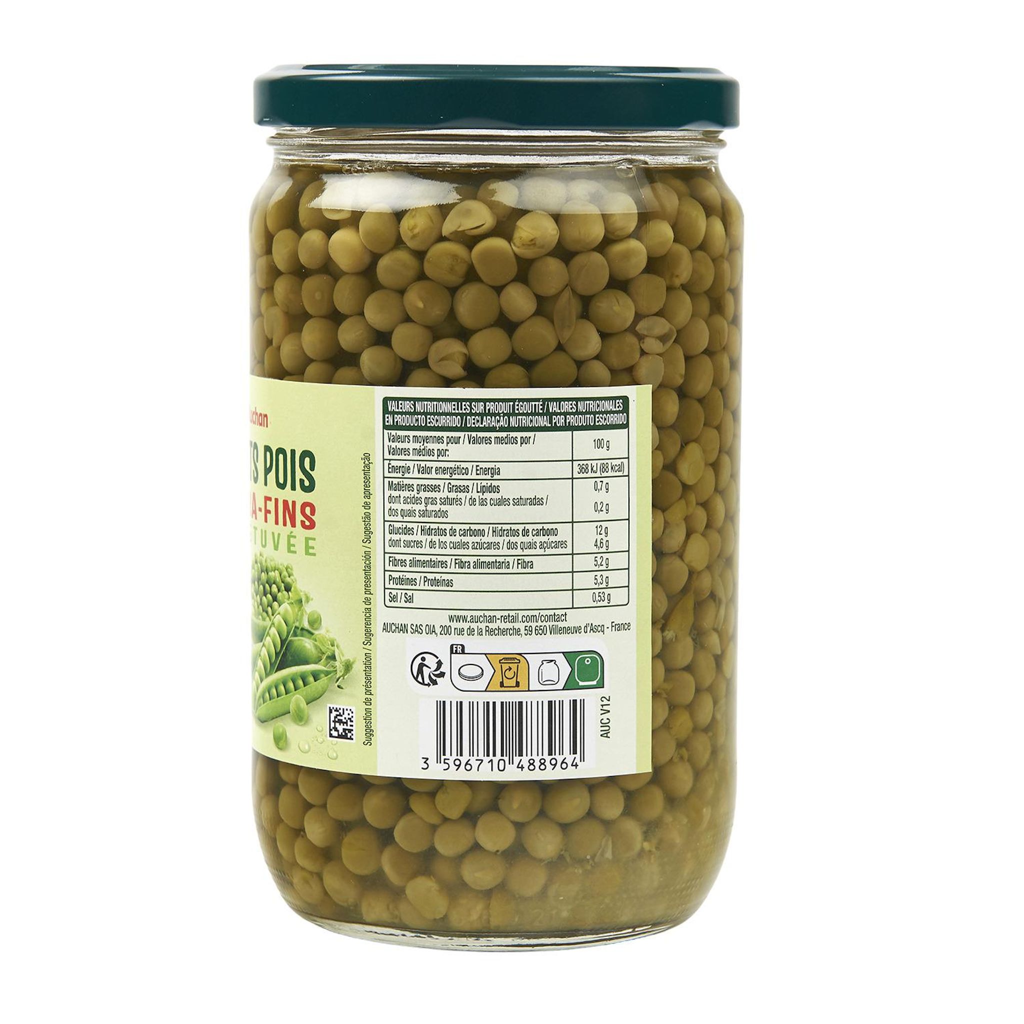 Voir la diapositive 5 : AUCHAN Petits pois extra fins à l'étuvée, en bocal 420g
