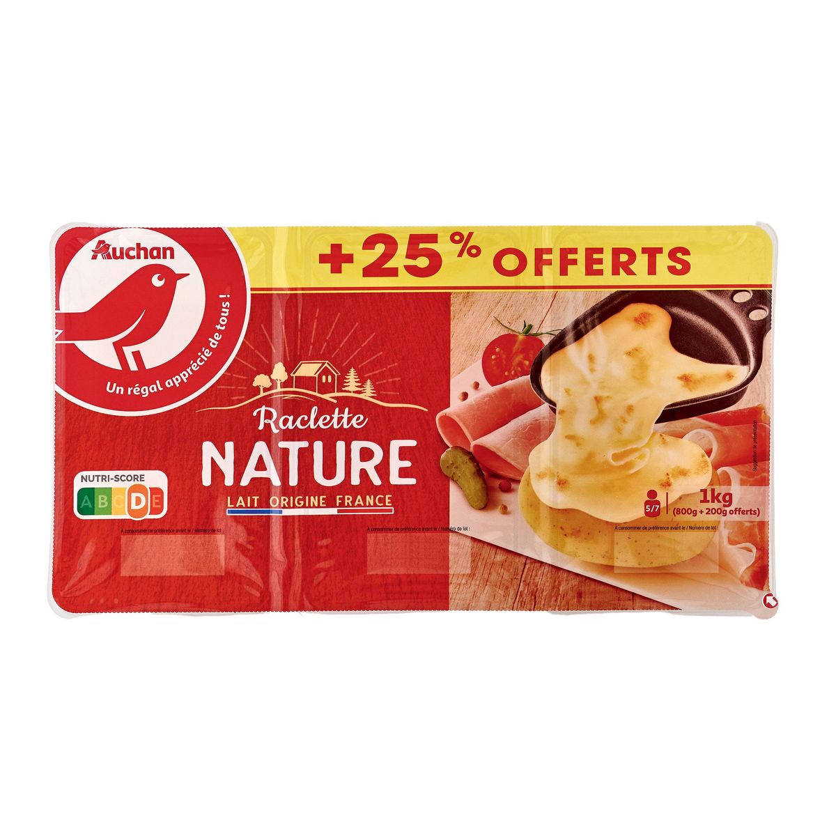 AUCHAN Raclette nature tranche 5/7 parts 800g +25%offert