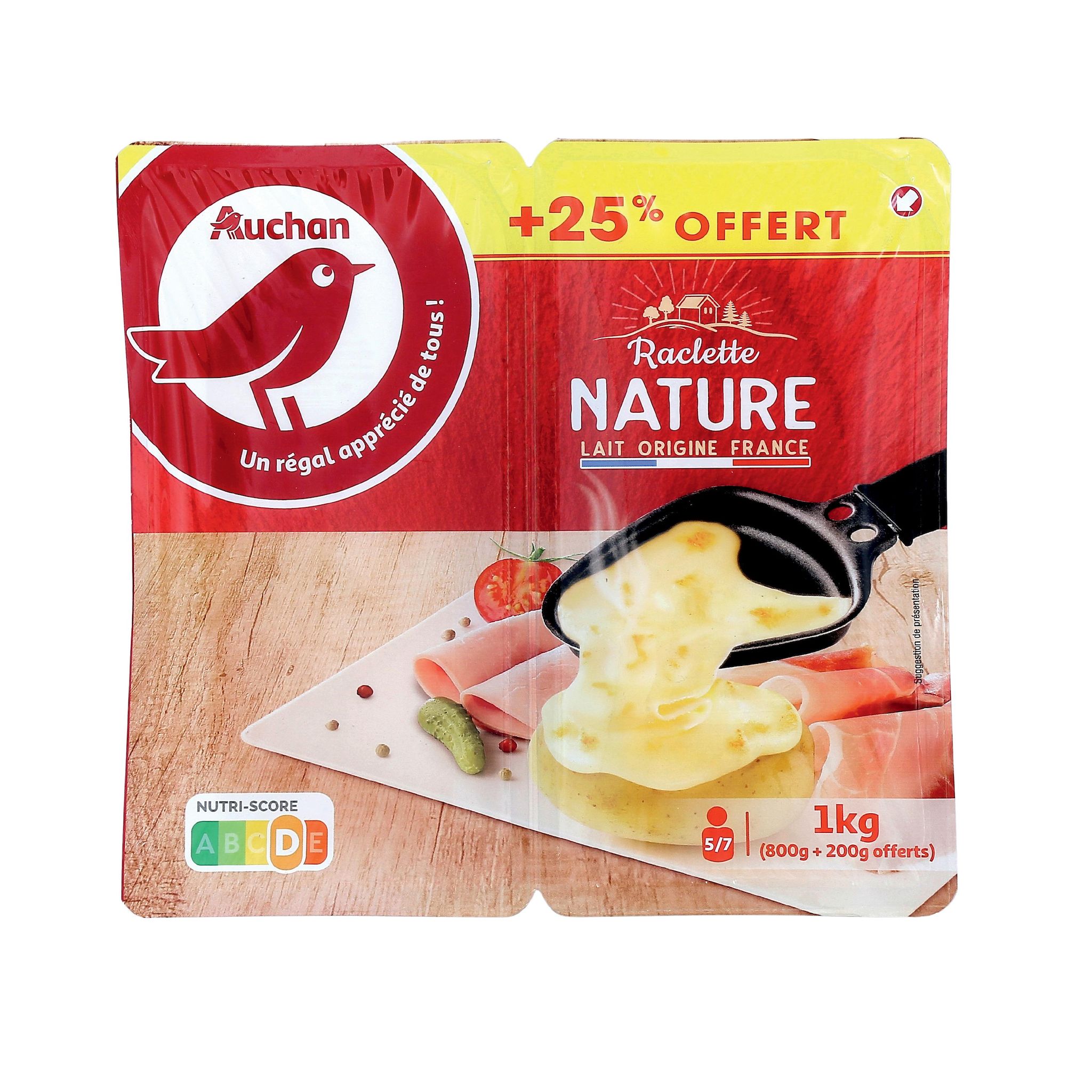 Voir la diapositive 3 : AUCHAN Raclette nature tranche 5/7 parts 800g +25%offert
