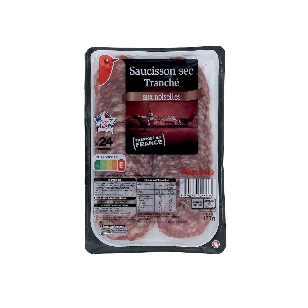 AUCHAN Saucisson sec tranché aux noisettes 24 tranches 120g