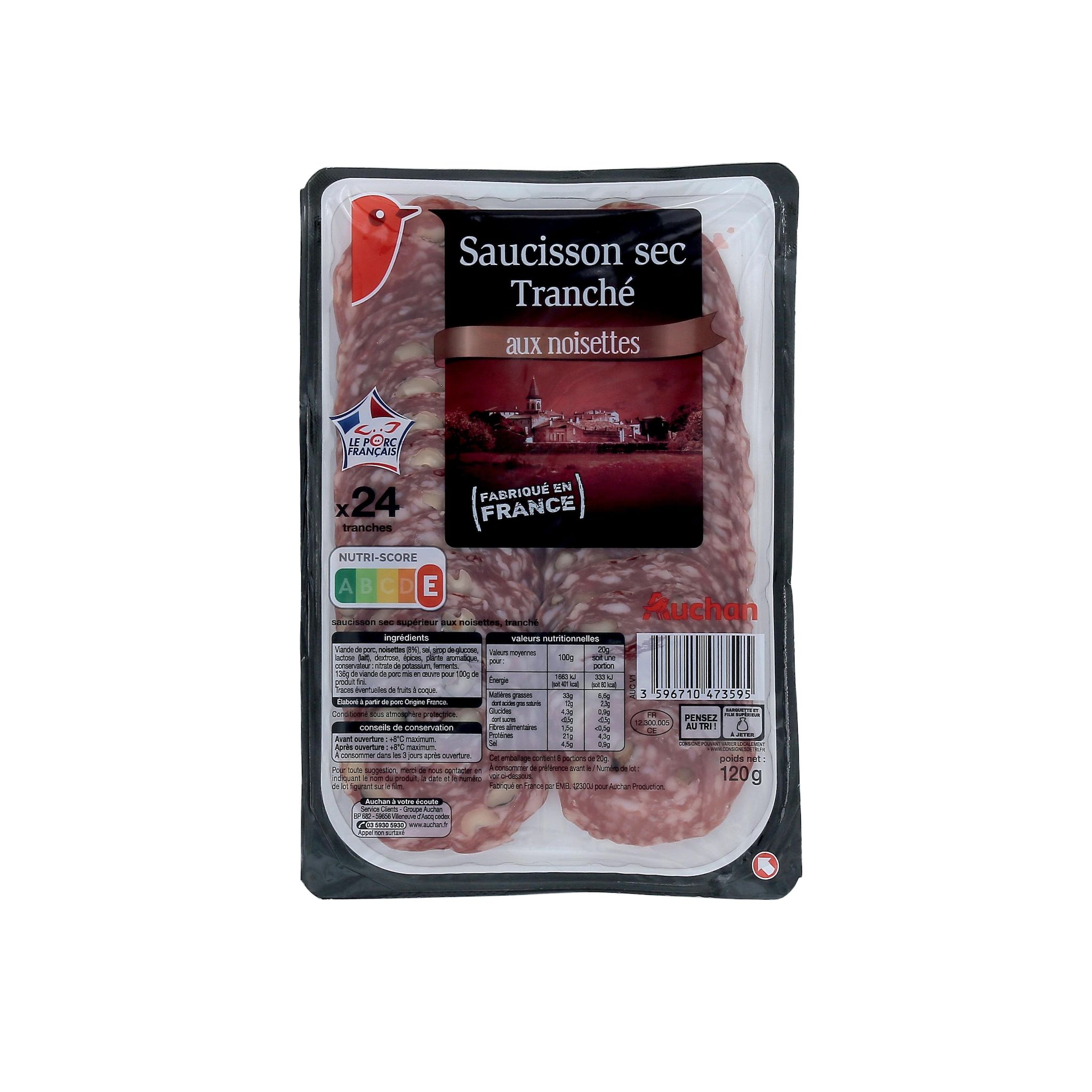Voir la diapositive 2 : AUCHAN Saucisson sec tranché aux noisettes 24 tranches 120g