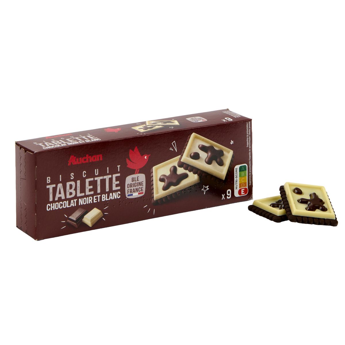 AUCHAN Biscuits cacaoté avec tablette de chocolat blanc et noir 9 biscuits 115g