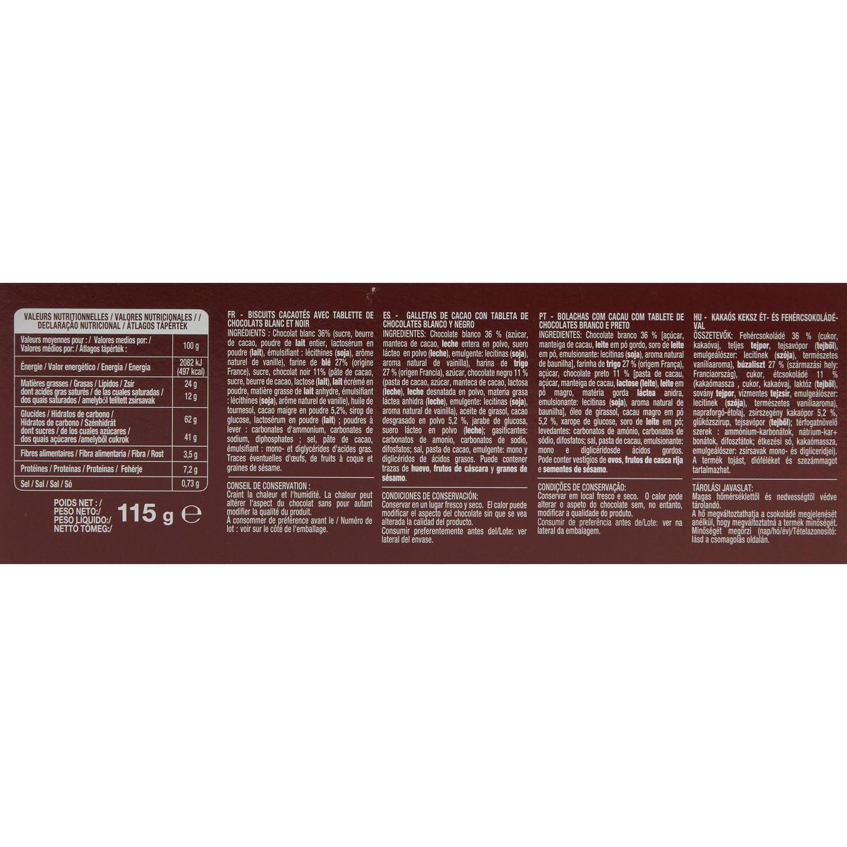 AUCHAN Biscuits cacaoté avec tablette de chocolat blanc et noir 9 biscuits 115g