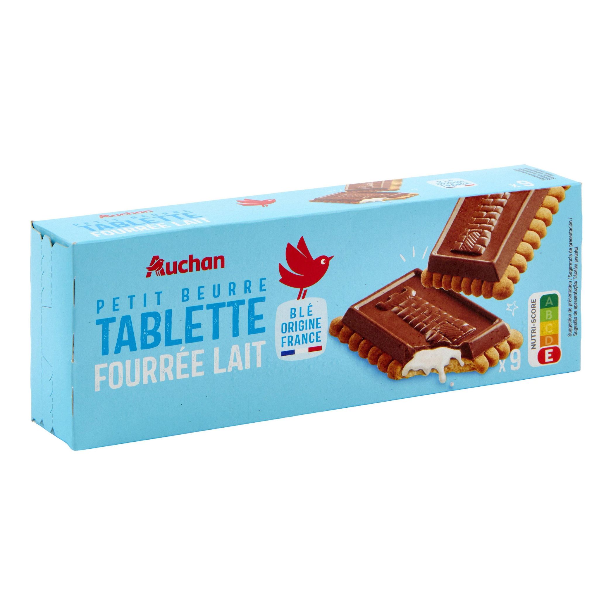 Voir la diapositive 2 : AUCHAN Petits beurre avec tablette fourée au lait 9 biscuits 140g