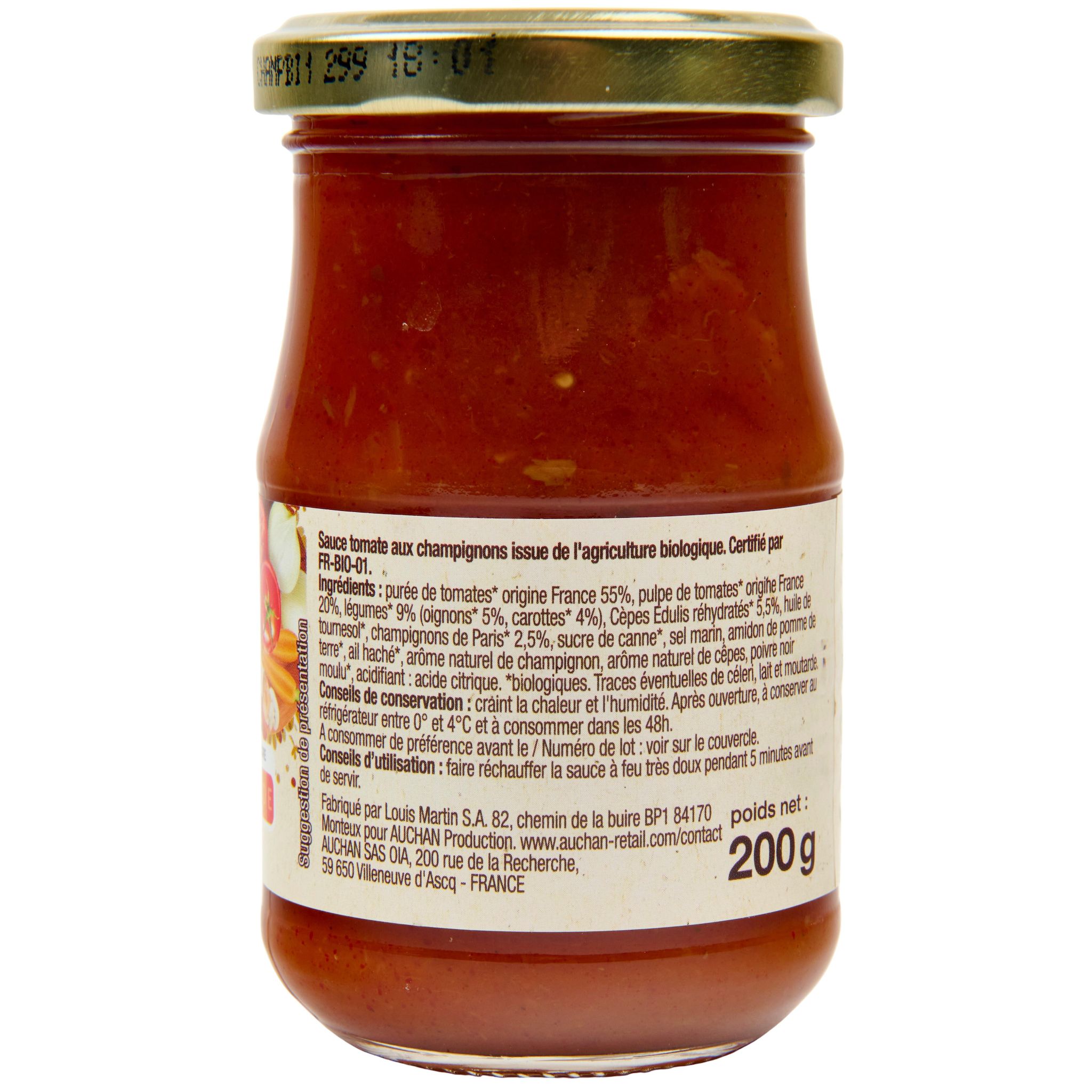 Voir la diapositive 2 : AUCHAN BIO Sauce tomate aux champignons, en bocal 200g