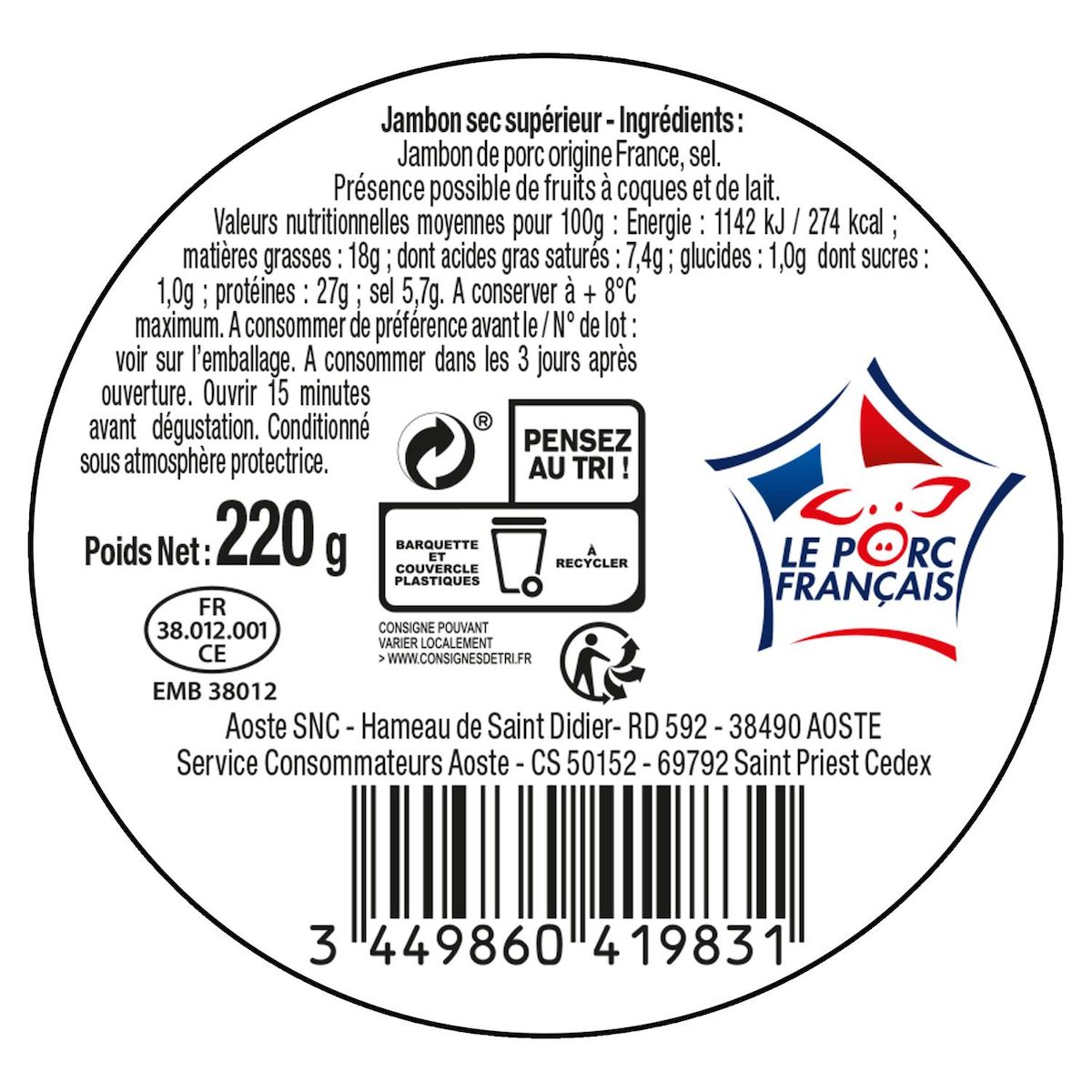 AOSTE Quart de jambon cru nature prétranché 18 tranches 220g