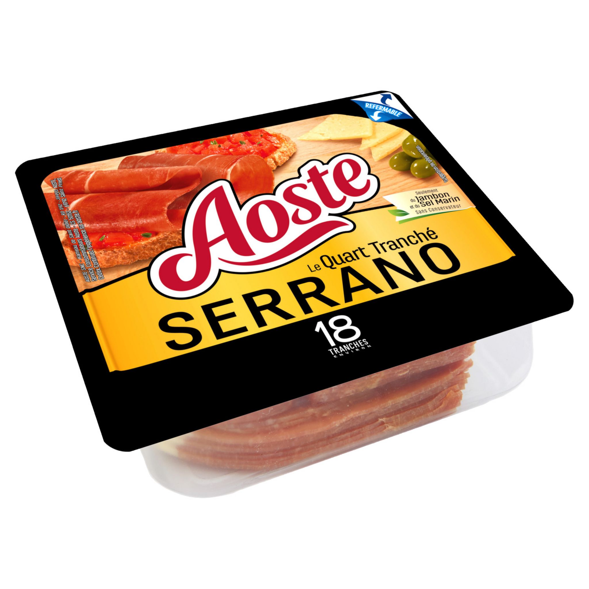 Voir la diapositive 2 : AOSTE Quart de jambon cru serrano 18 tranches 220g