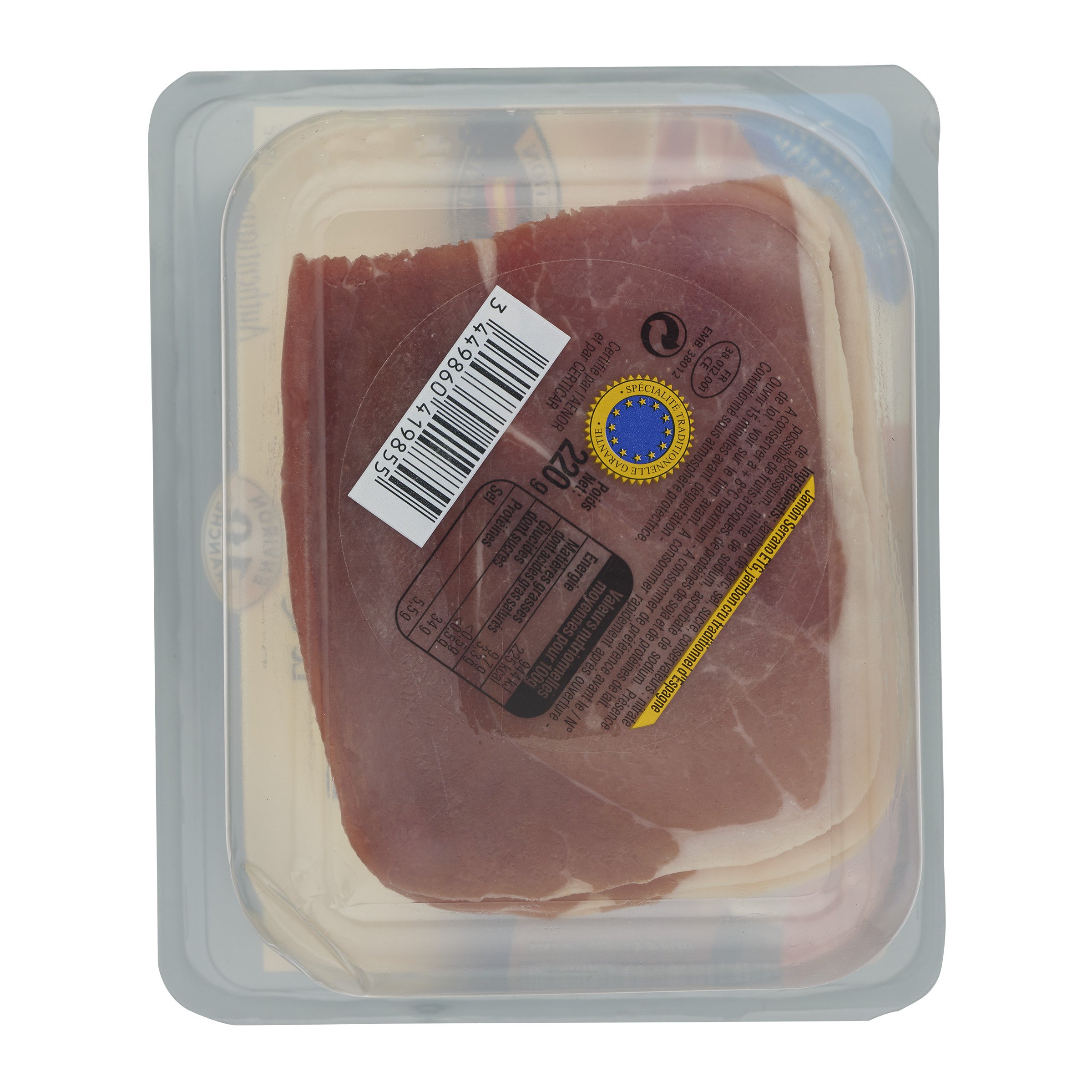 Voir la diapositive 3 : AOSTE Quart de jambon cru serrano 18 tranches 220g