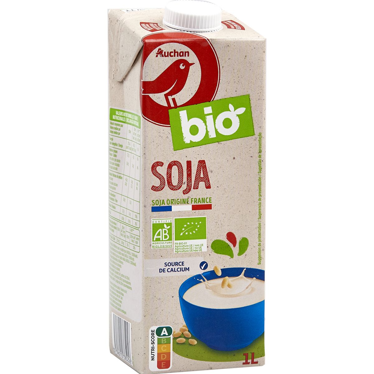 AUCHAN BIO Boisson soja calcium source de calcium 1l