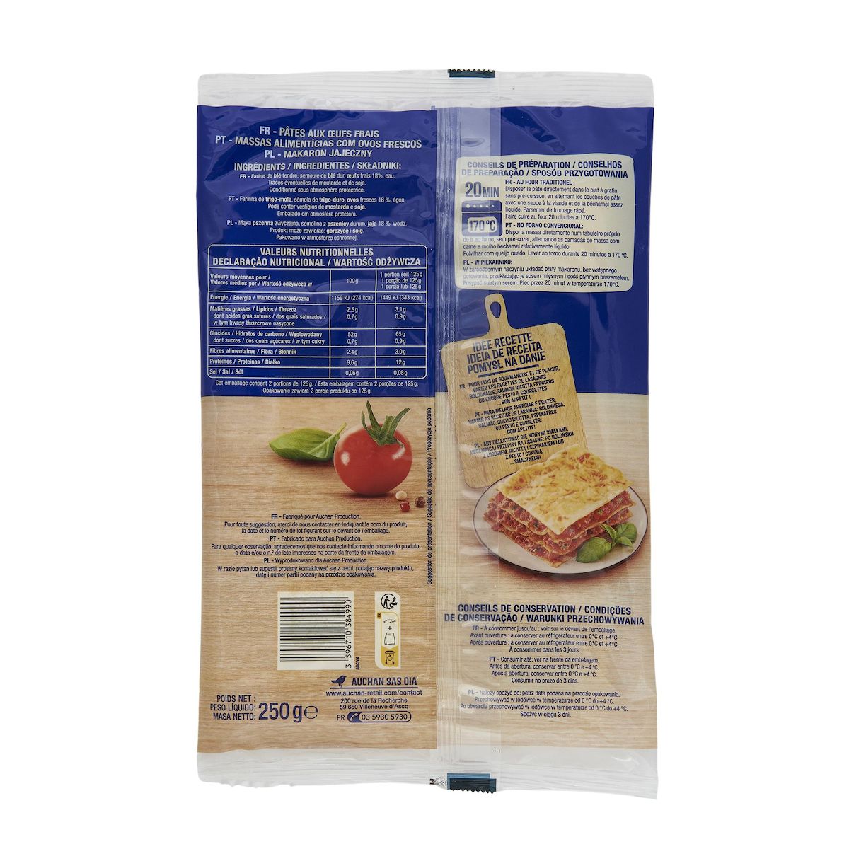 AUCHAN Pâte à lasagnes 6 pièces 250g