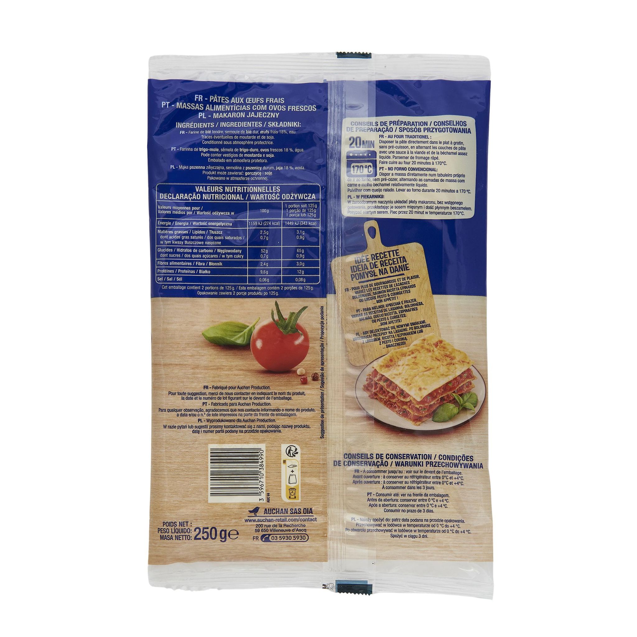 Voir la diapositive 2 : AUCHAN Pâte à lasagnes 6 pièces 250g