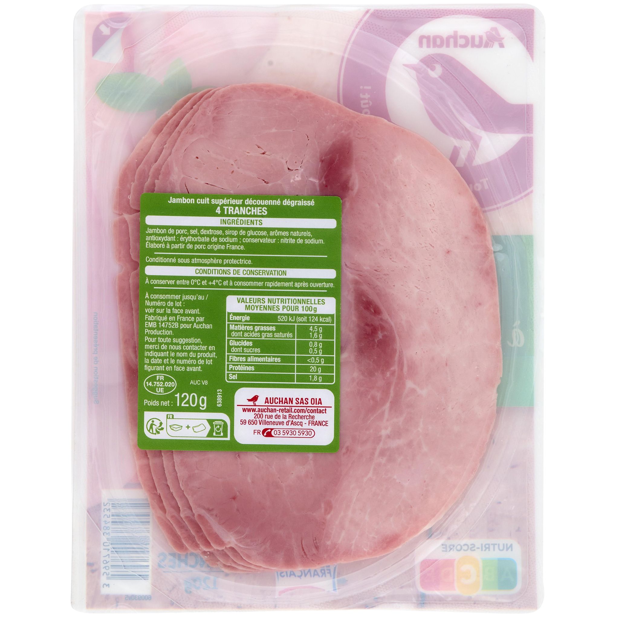 Voir la diapositive 4 : AUCHAN Jambon à l'Italienne supérieur 4 tranches 120g