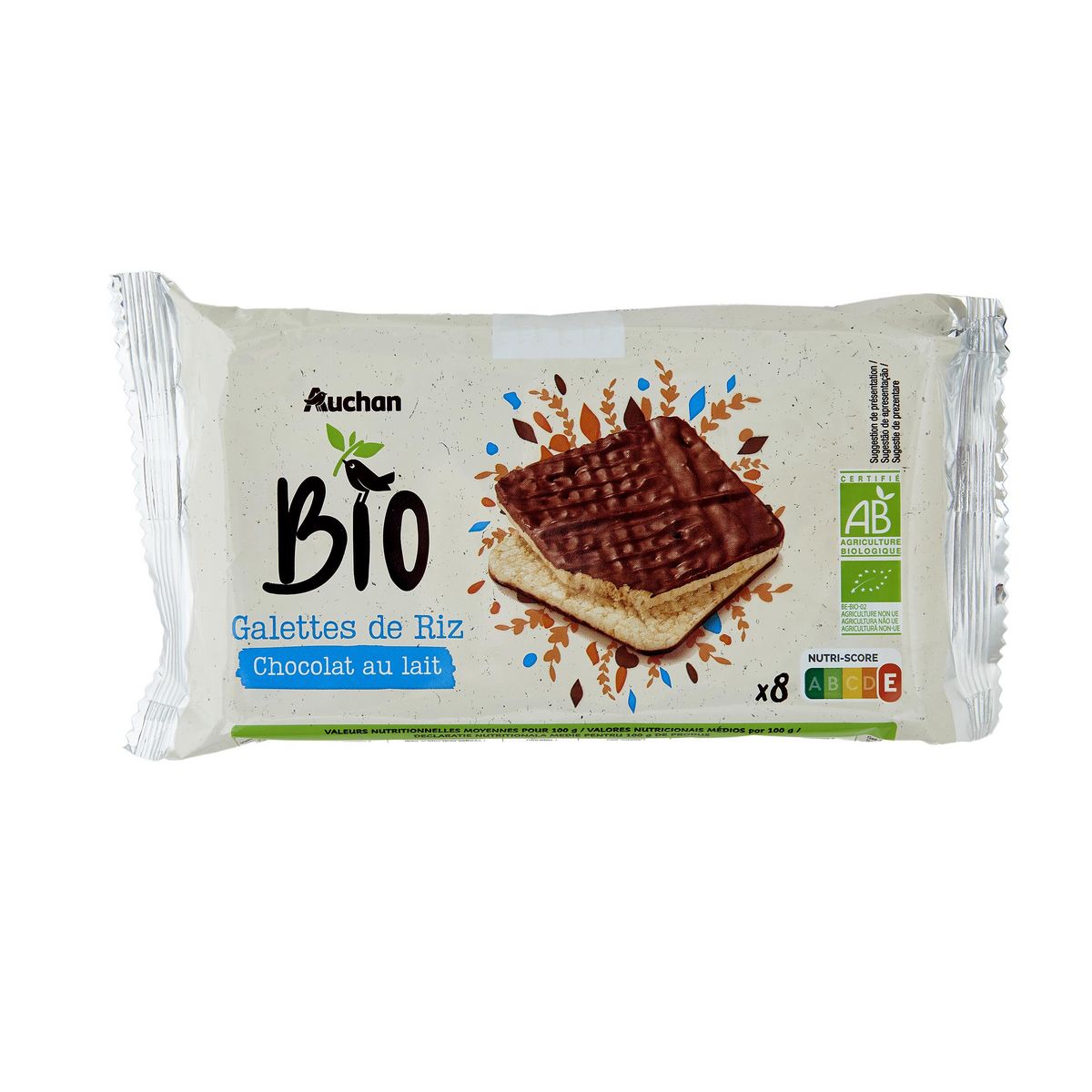 AUCHAN BIO Galettes de riz au chocolat au lait 8 pièces 90g