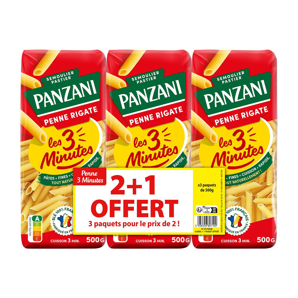 PANZANI Penne cuisson rapide 3min 2+1 offert 3x500g