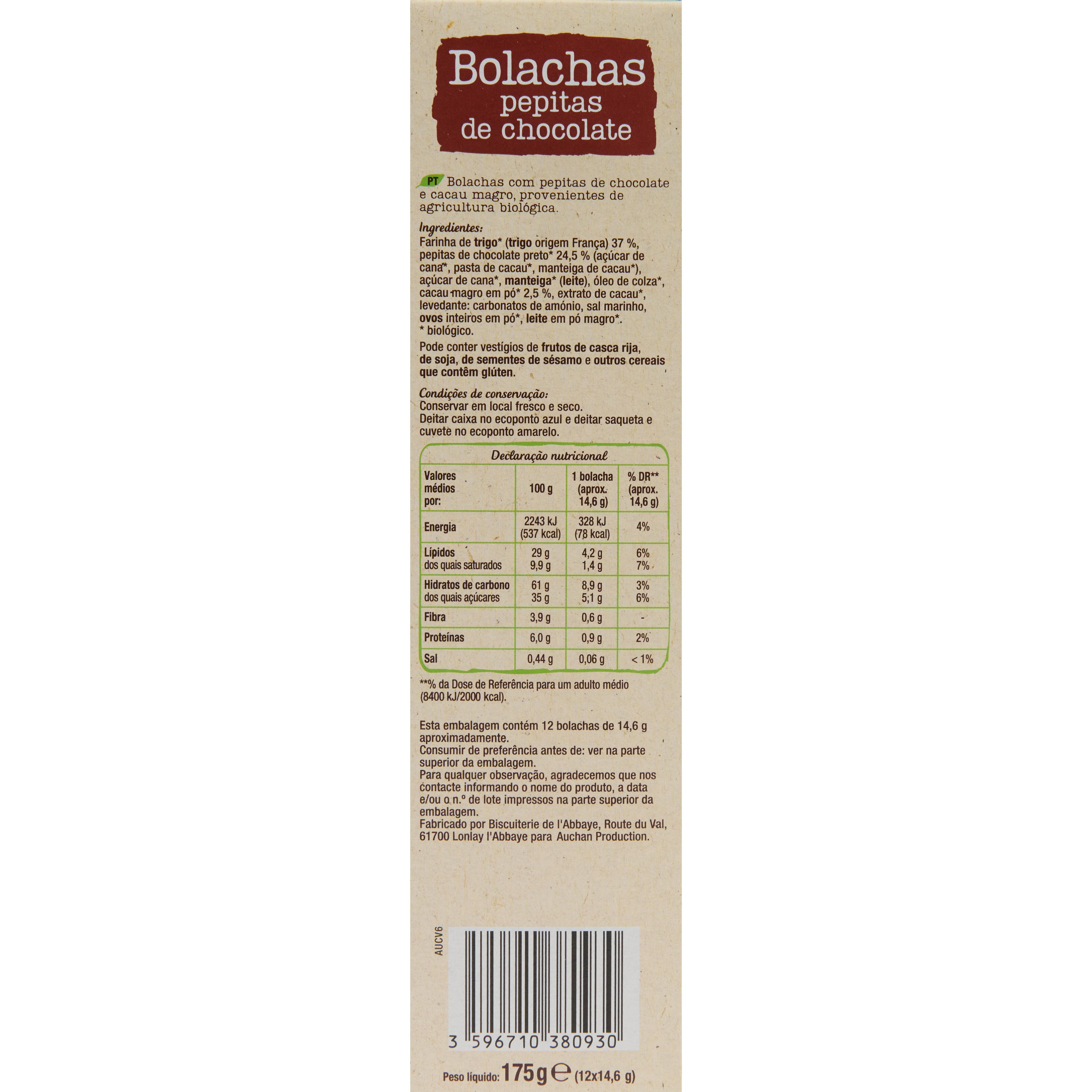 Voir la diapositive 2 : AUCHAN BIO Cookies aux pépites de chocolat 12 biscuits 175g