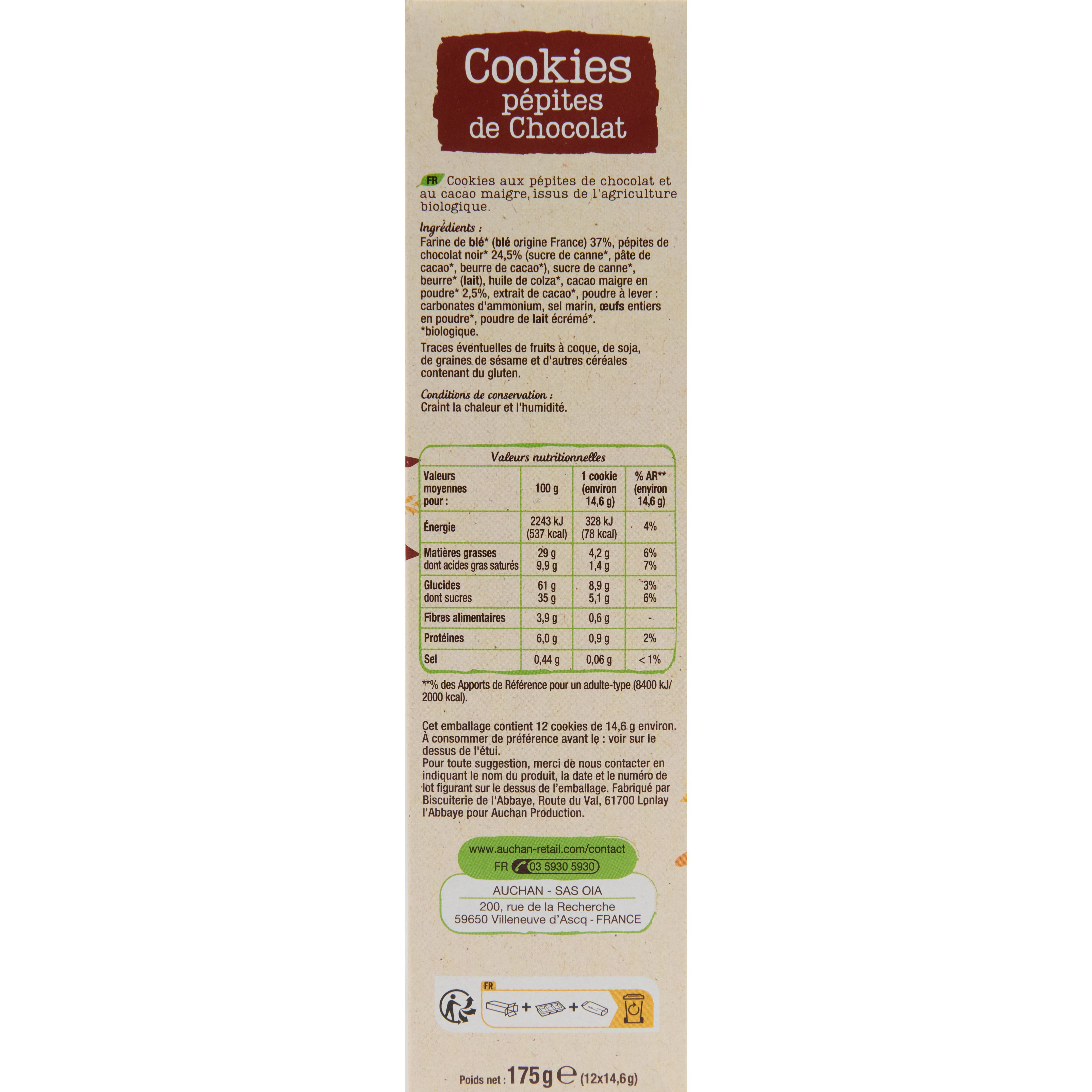 Voir la diapositive 3 : AUCHAN BIO Cookies aux pépites de chocolat 12 biscuits 175g