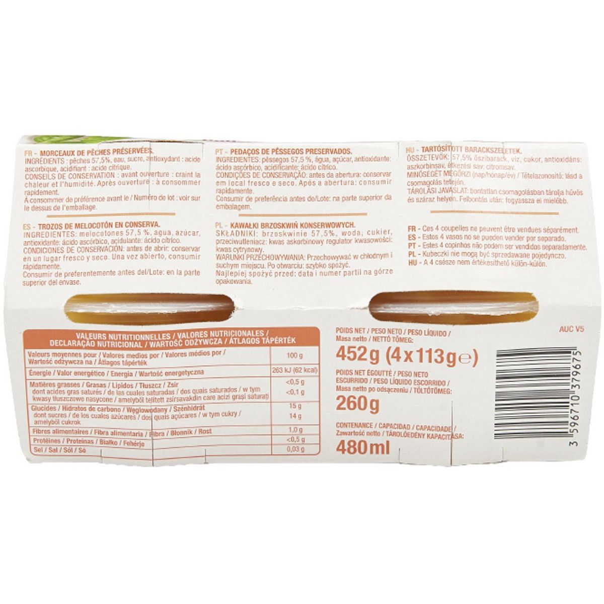 AUCHAN Coupelles de pêches au sirop léger 4 coupelles 4x113g