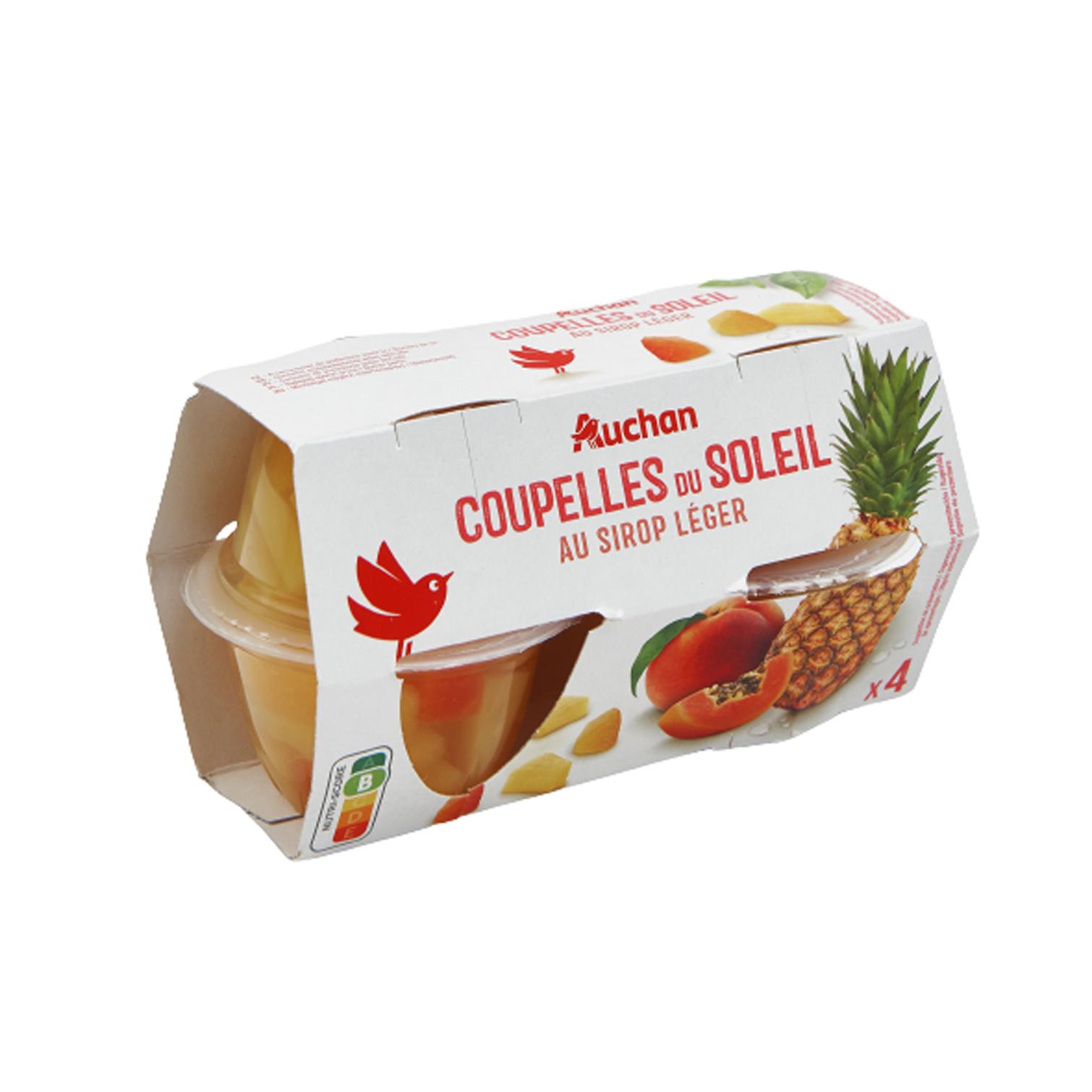 Voir la diapositive 2 : AUCHAN Coupelles du soleil à la pêche et l'ananas au sirop léger 4 coupelles 4x113g