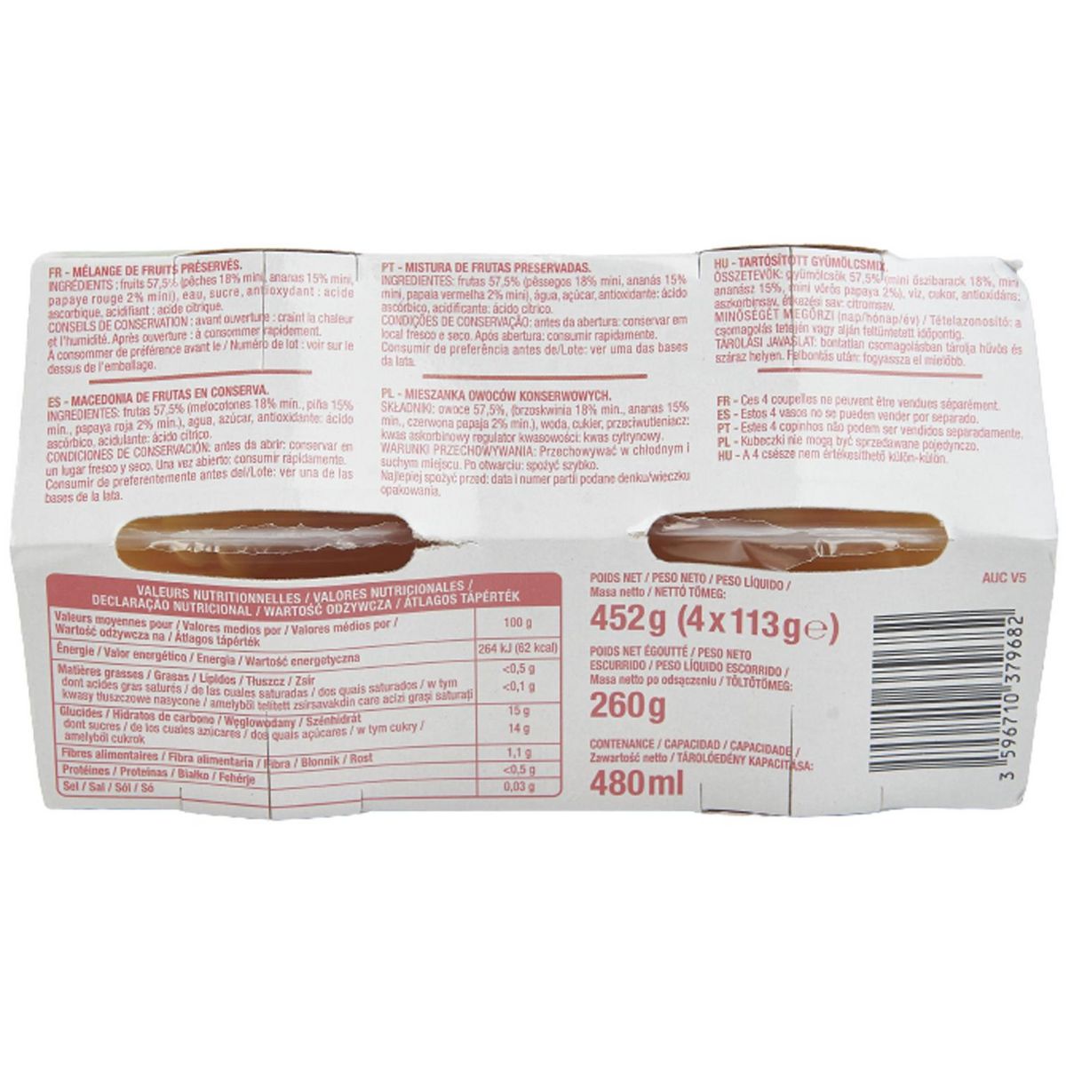 AUCHAN Coupelles du soleil à la pêche et l'ananas au sirop léger 4 coupelles 4x113g