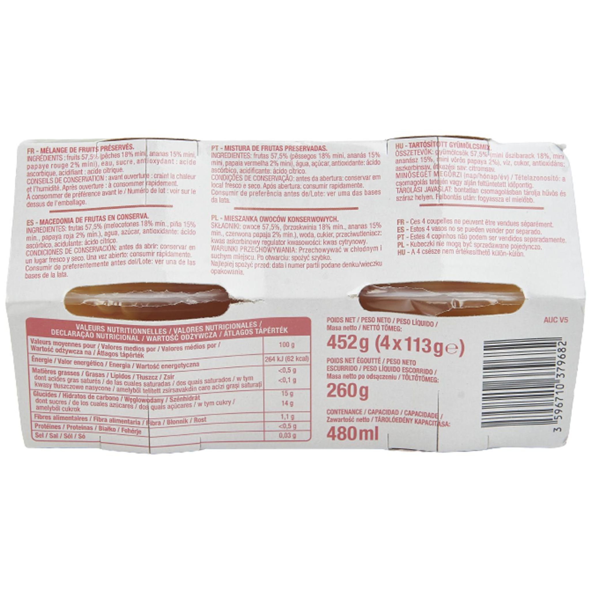 Voir la diapositive 3 : AUCHAN Coupelles du soleil à la pêche et l'ananas au sirop léger 4 coupelles 4x113g