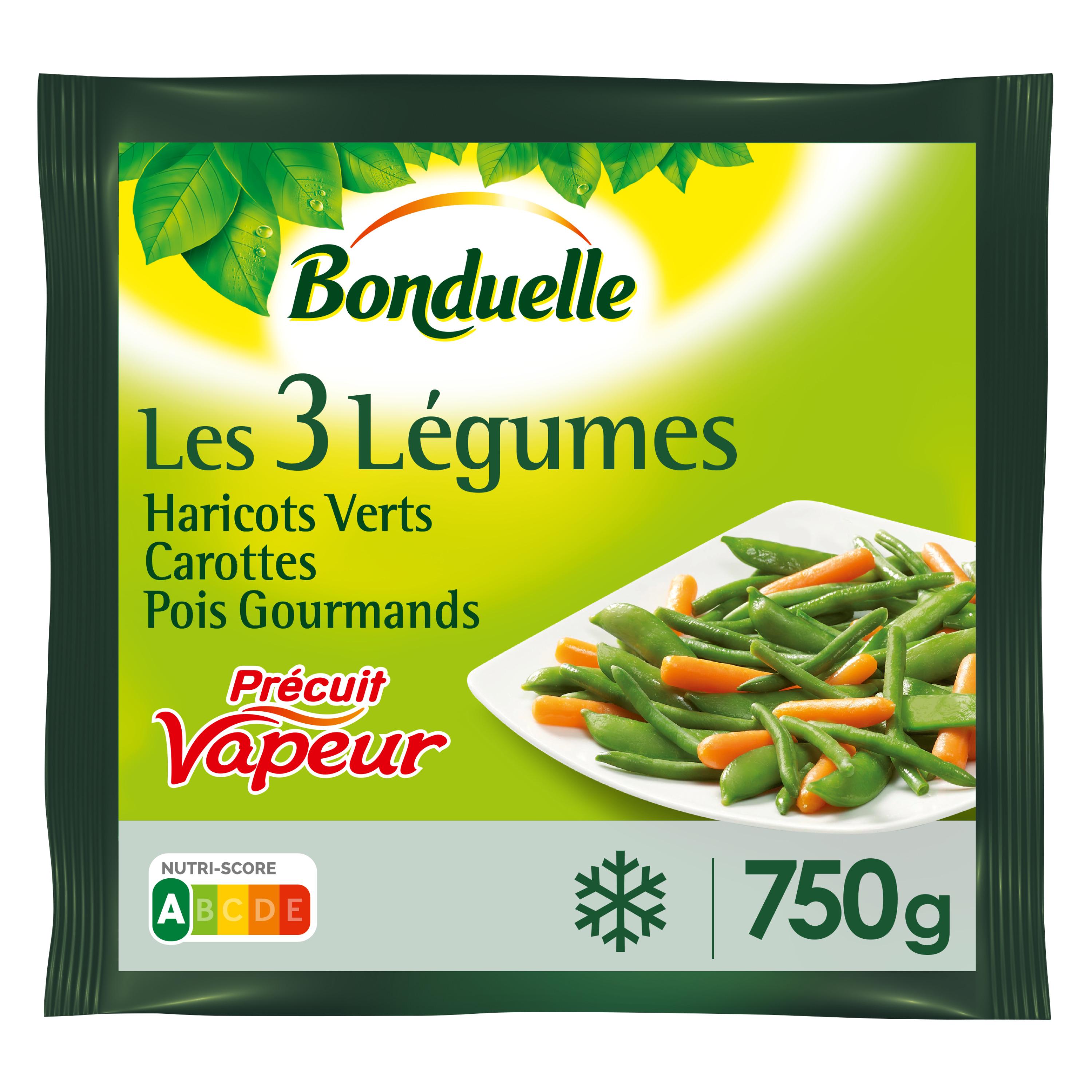 Voir la diapositive 3 : BONDUELLE Mélange de 3 légumes haricots verts carottes et pois gourmands 5 portions 750g