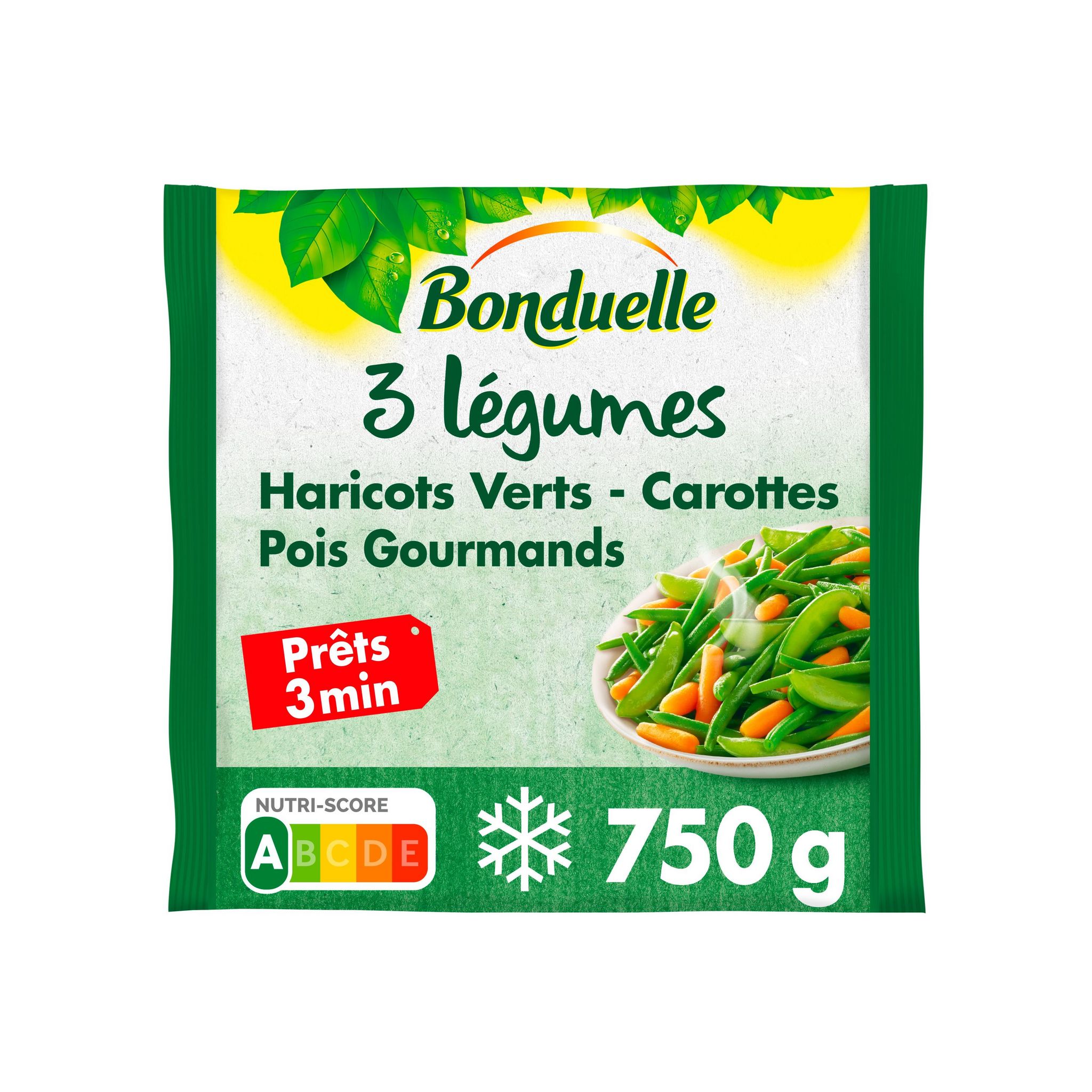 Voir la diapositive 3 : BONDUELLE Mélange de 3 légumes haricots verts carottes et pois gourmands 5 portions 750g