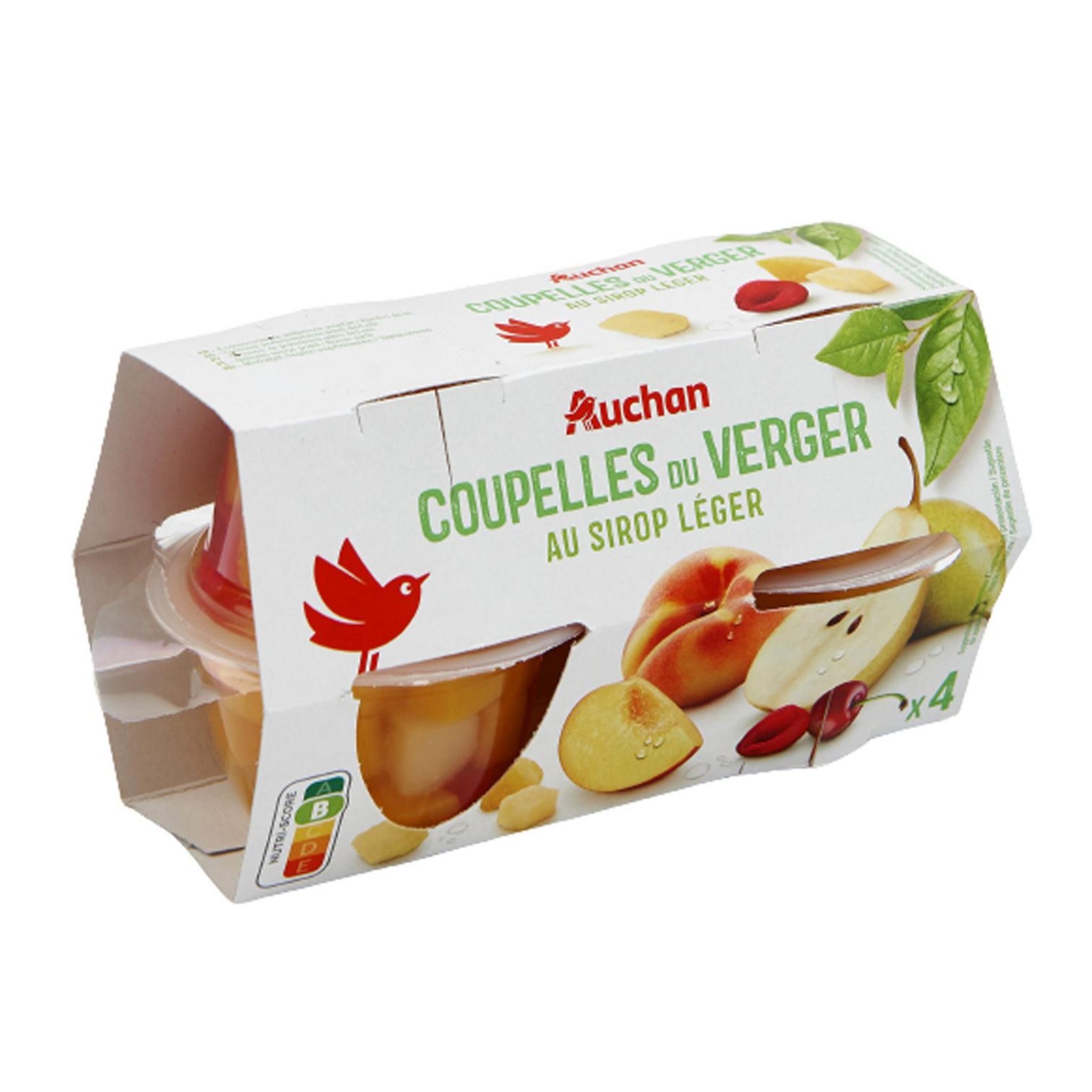 Voir la diapositive 2 : AUCHAN Coupelles à la pêche poire et bigarreaux du verger au sirop léger 4 coupelles 4x113g