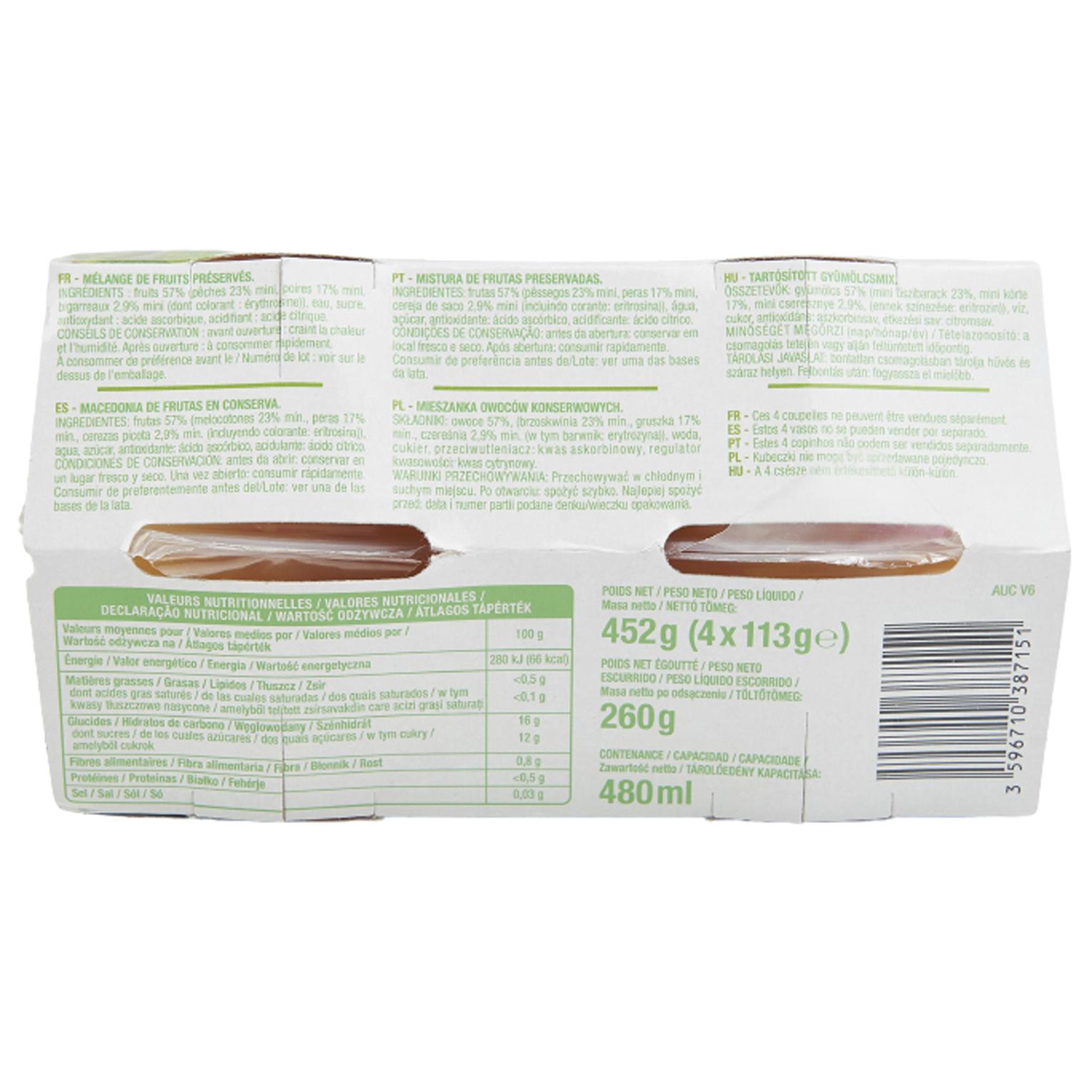 Voir la diapositive 3 : AUCHAN Coupelles à la pêche poire et bigarreaux du verger au sirop léger 4 coupelles 4x113g