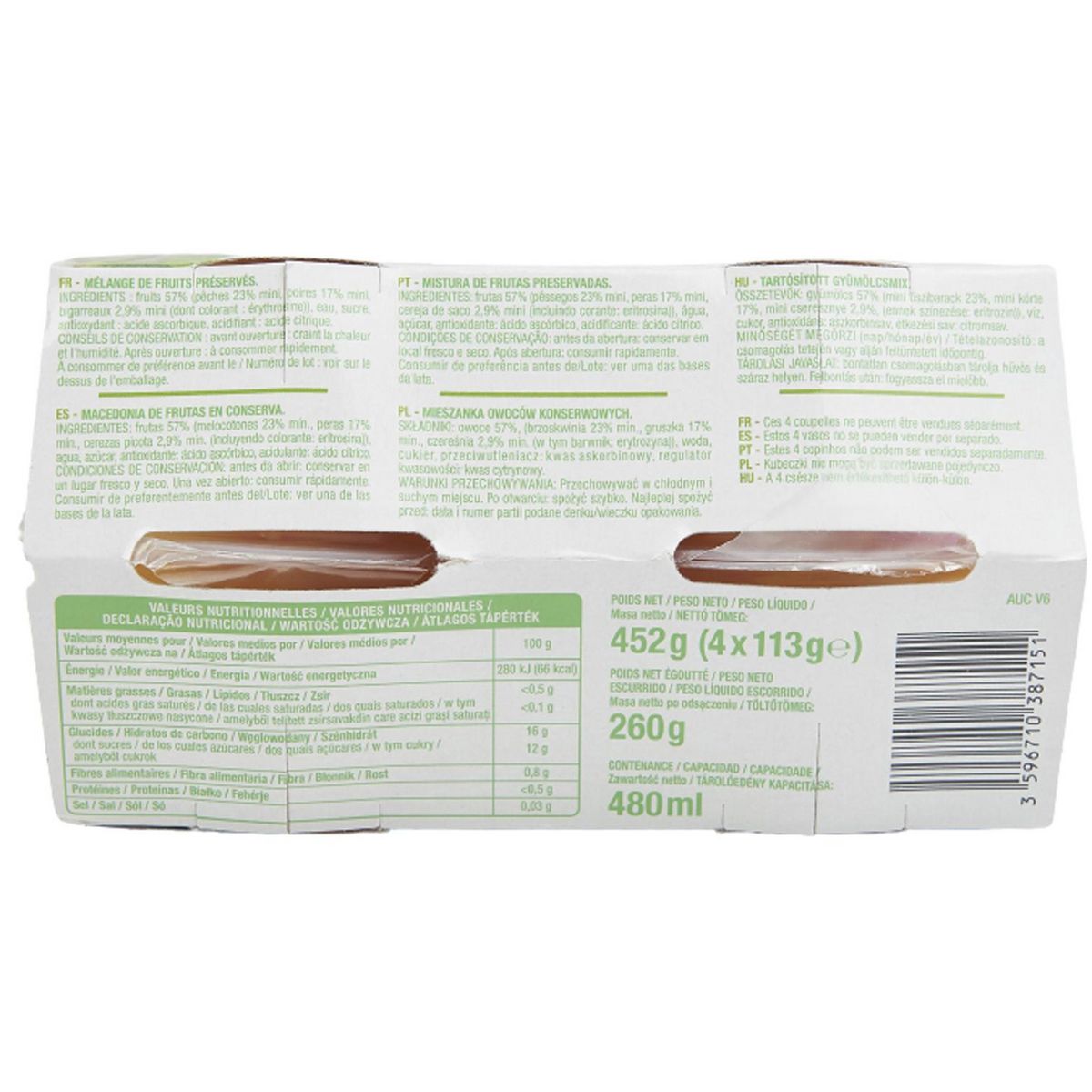 AUCHAN Coupelles à la pêche poire et bigarreaux du verger au sirop léger 4 coupelles 4x113g