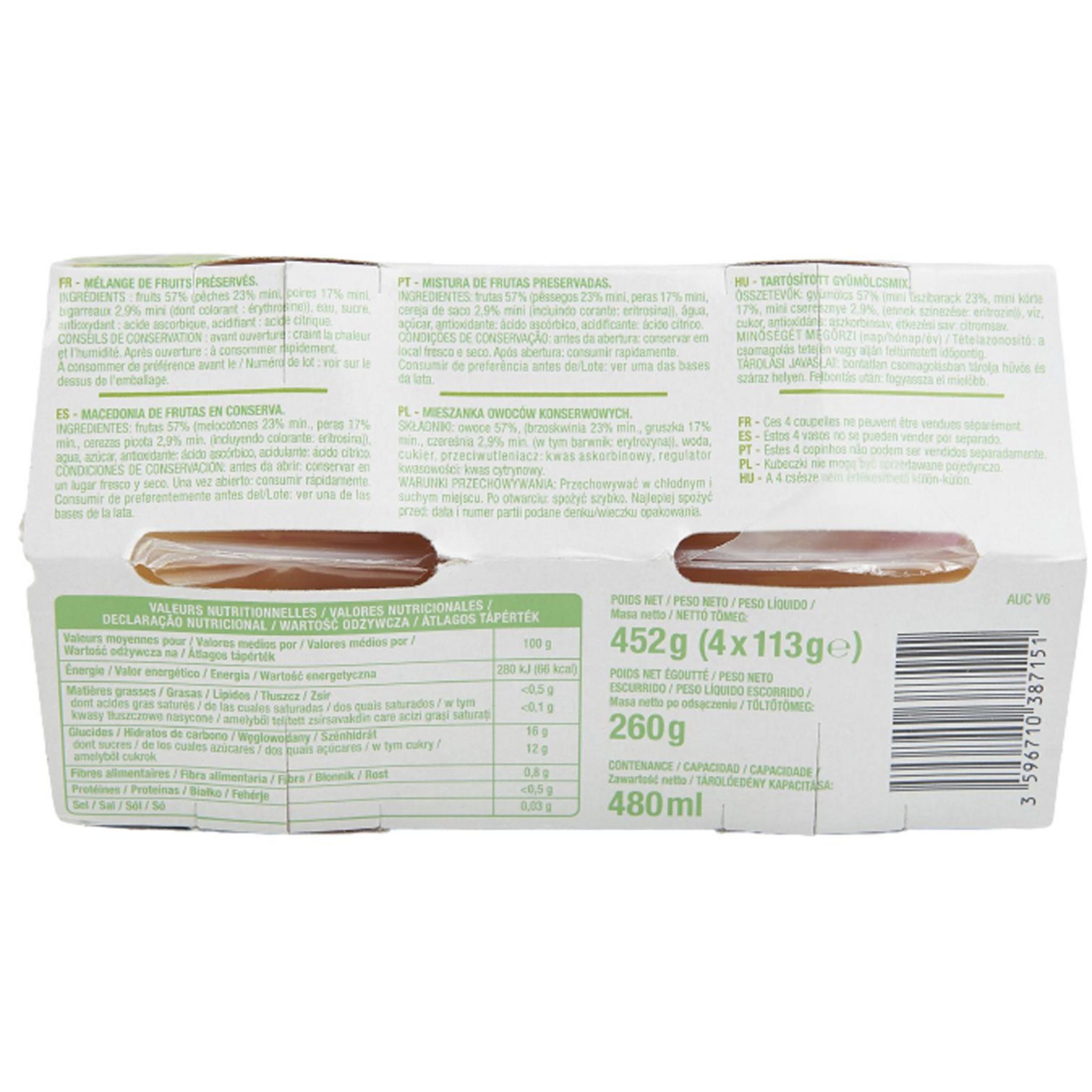 Voir la diapositive 3 : AUCHAN Coupelles à la pêche poire et bigarreaux du verger au sirop léger 4 coupelles 4x113g