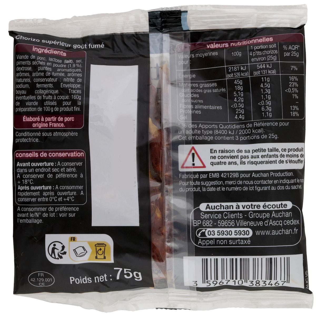 AUCHAN P'tits chorizos doux 12 pièces 75g