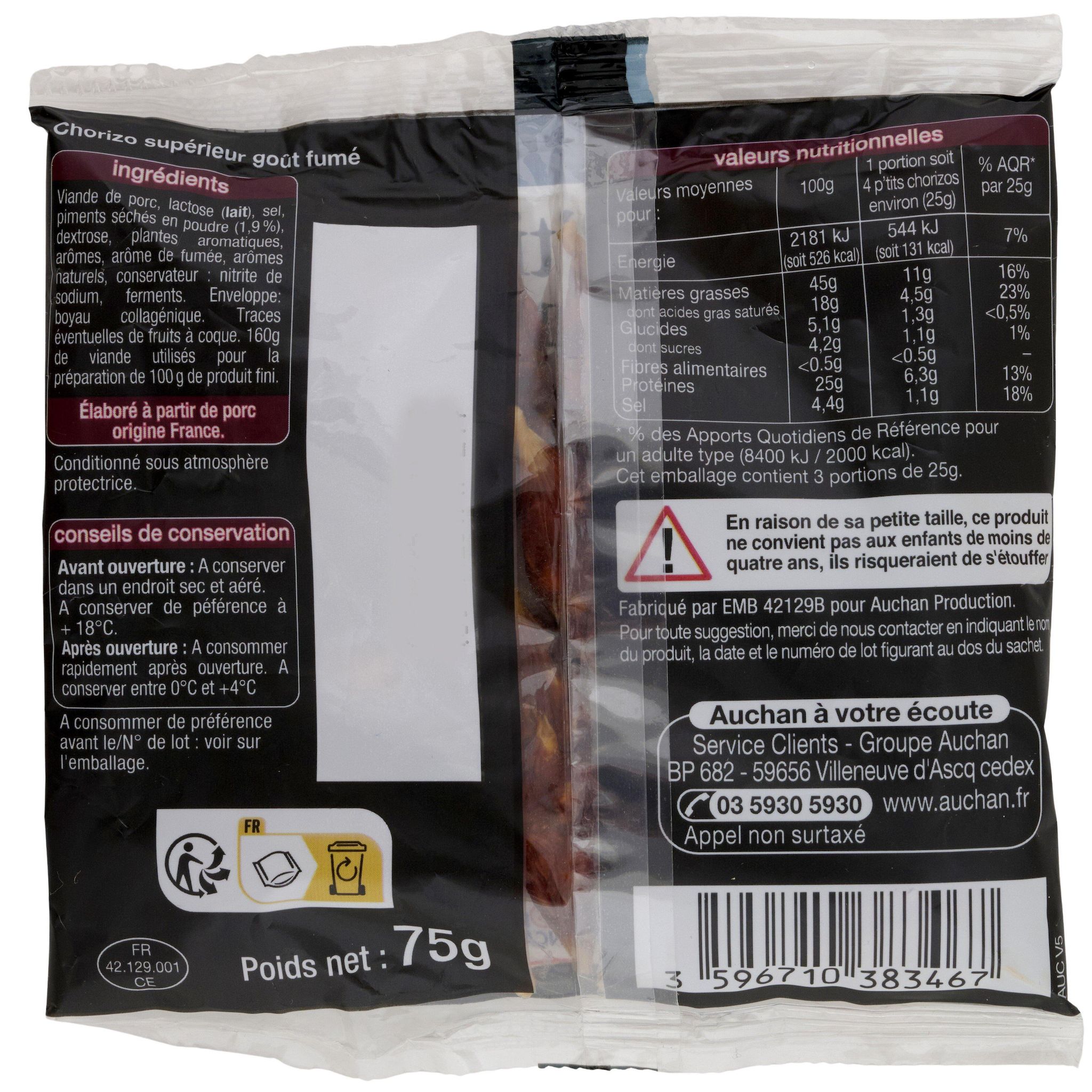 Voir la diapositive 2 : AUCHAN P'tits chorizos doux 12 pièces 75g